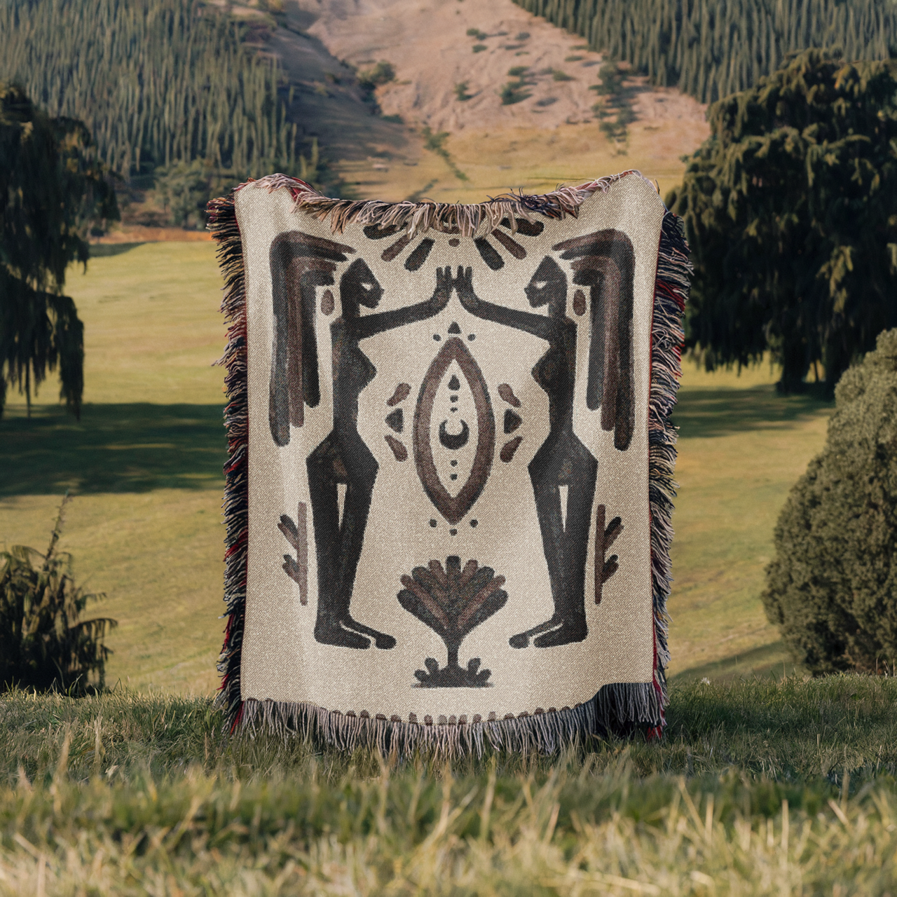 Woven blanket with mystical figures in nature