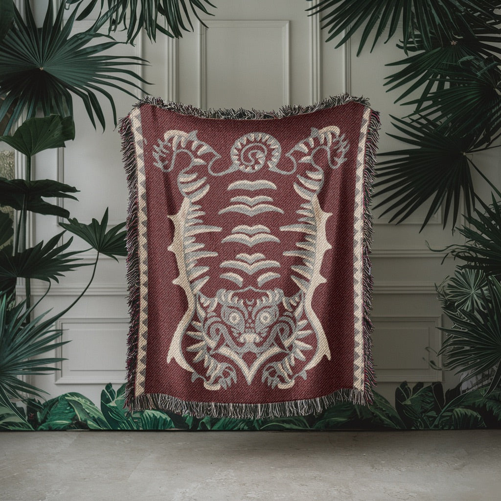 Tibetan Tiger Woven Blanket - Tribal Totem Throw, Guardian Animal Art, Mystical Boho Tapestry Blanket, Sacred Home Decor, Terracotta
