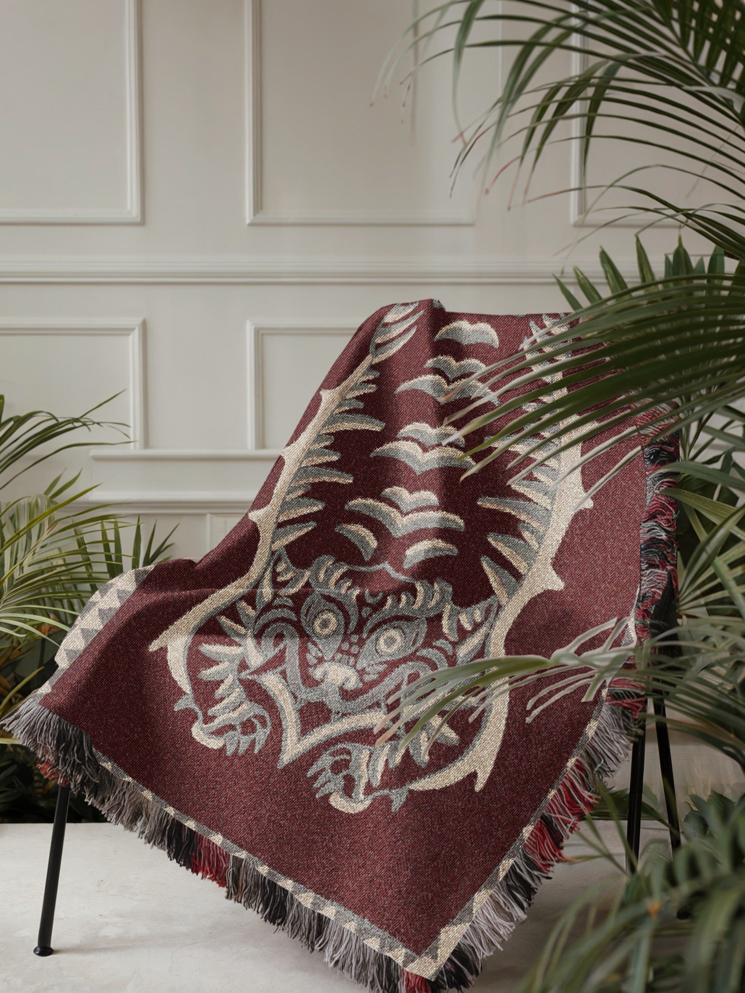 Tibetan Tiger Woven Blanket - Tribal Totem Throw, Guardian Animal Art, Mystical Boho Tapestry Blanket, Sacred Home Decor, Terracotta