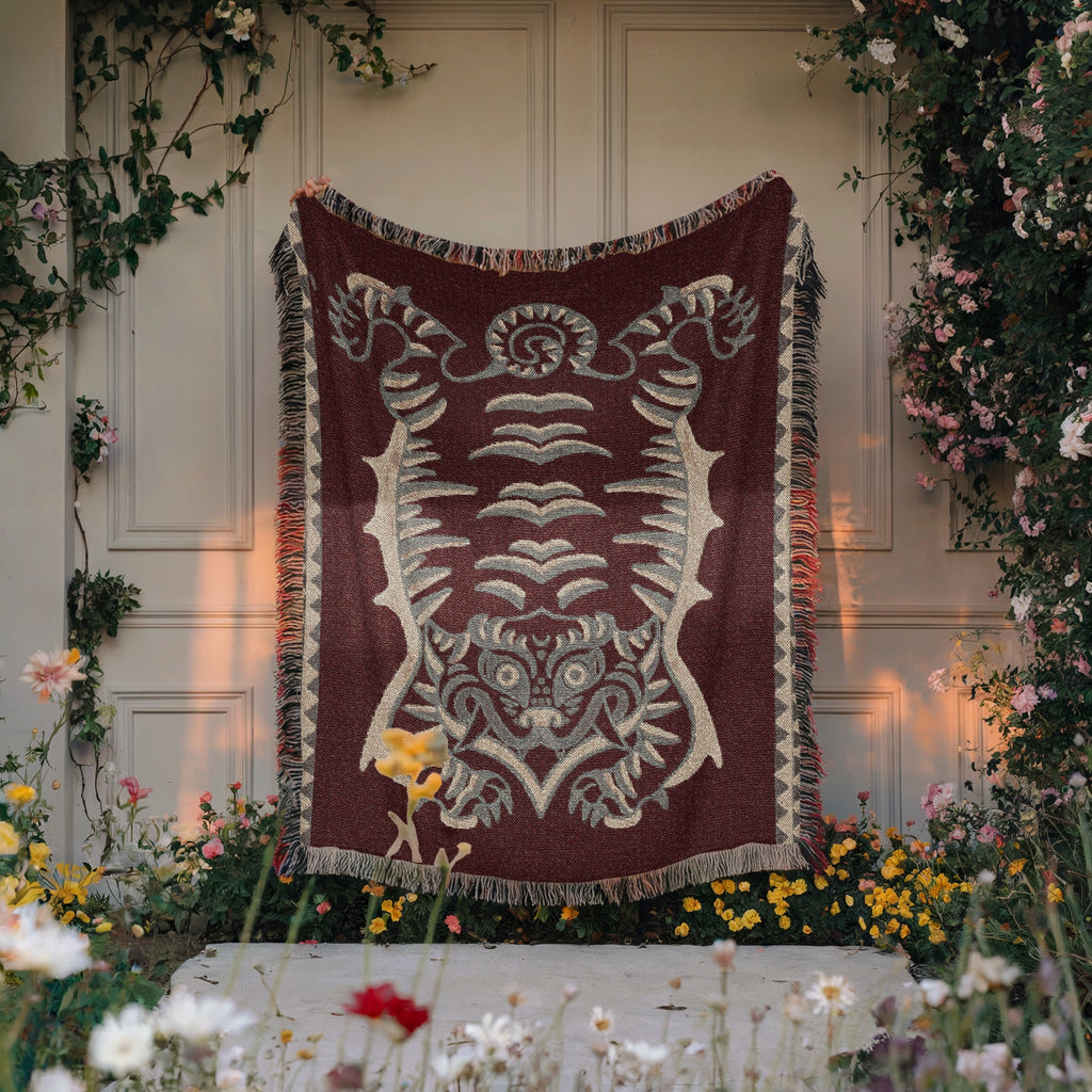 Tibetan Tiger Woven Blanket - Tribal Totem Throw, Guardian Animal Art, Mystical Boho Tapestry Blanket, Sacred Home Decor, Terracotta