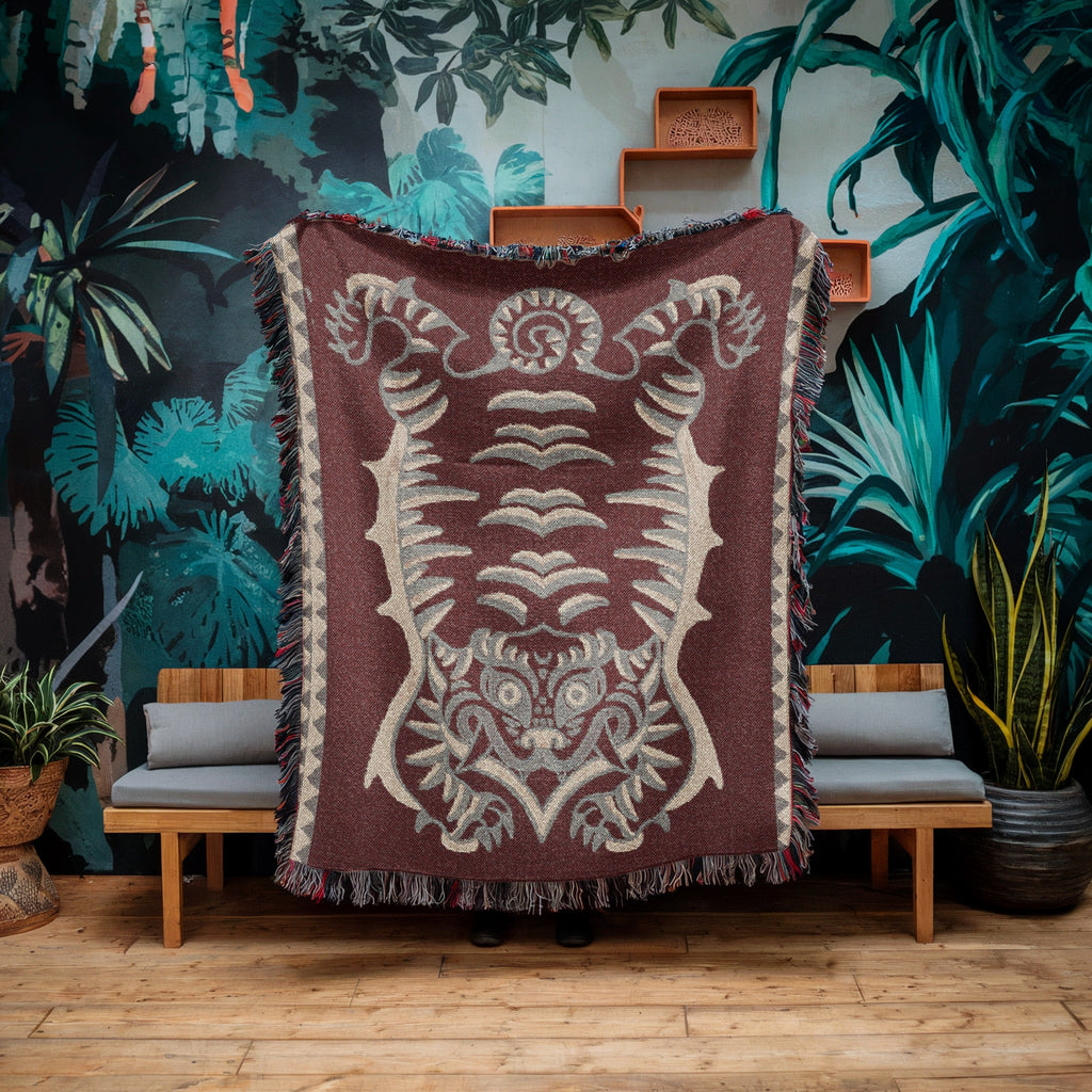 Tibetan Tiger Woven Blanket - Tribal Totem Throw, Guardian Animal Art, Mystical Boho Tapestry Blanket, Sacred Home Decor, Terracotta
