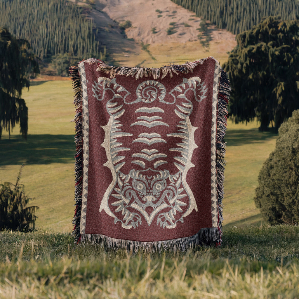 Tibetan Tiger Woven Blanket - Tribal Totem Throw, Guardian Animal Art, Mystical Boho Tapestry Blanket, Sacred Home Decor, Terracotta