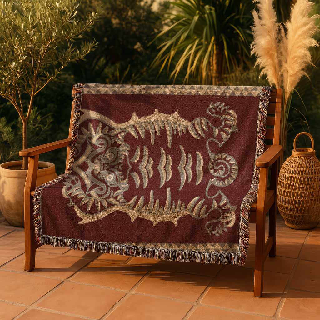 Tibetan Tiger Woven Blanket - Tribal Totem Throw, Guardian Animal Art, Mystical Boho Tapestry Blanket, Sacred Home Decor, Terracotta