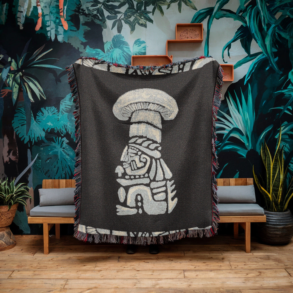 Tribal Shaman Woven Blanket - Psychedelic Totem Throw, Mushroom Spirit Art, Boho Tapestry Blanket, Mystical Home Decor