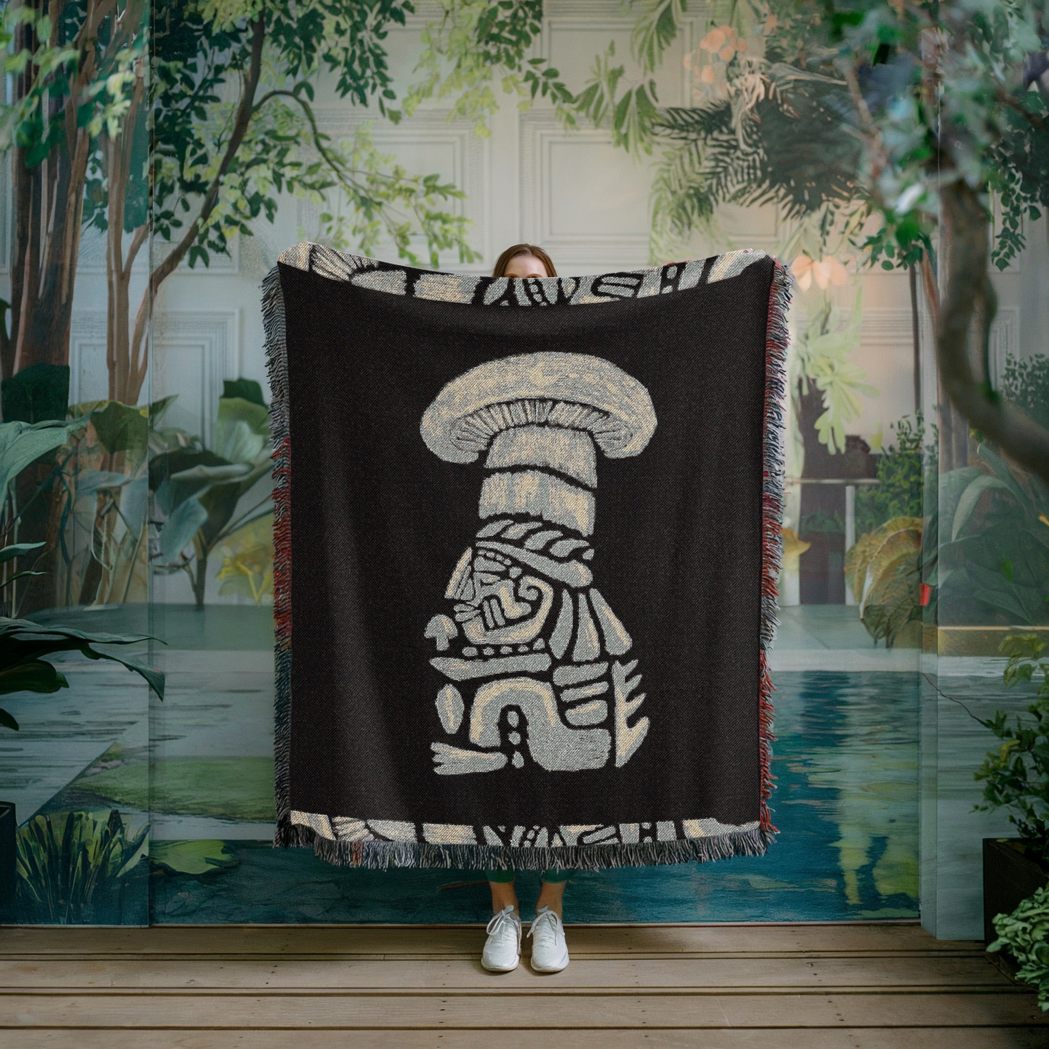 Tribal Shaman Woven Blanket - Psychedelic Totem Throw, Mushroom Spirit Art, Boho Tapestry Blanket, Mystical Home Decor