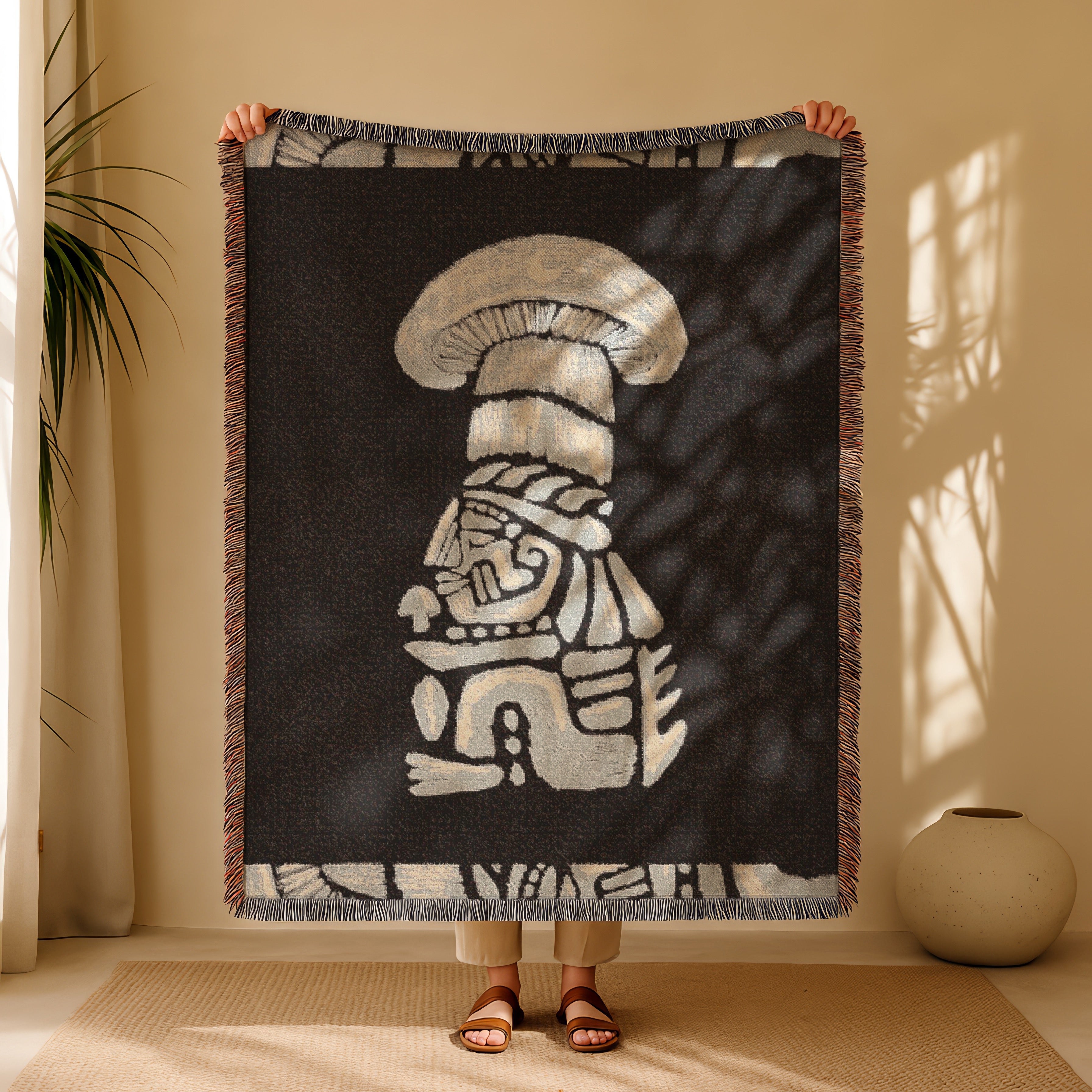 Tribal Shaman Woven Blanket - Psychedelic Totem Throw, Mushroom Spirit Art, Boho Tapestry Blanket, Mystical Home Decor