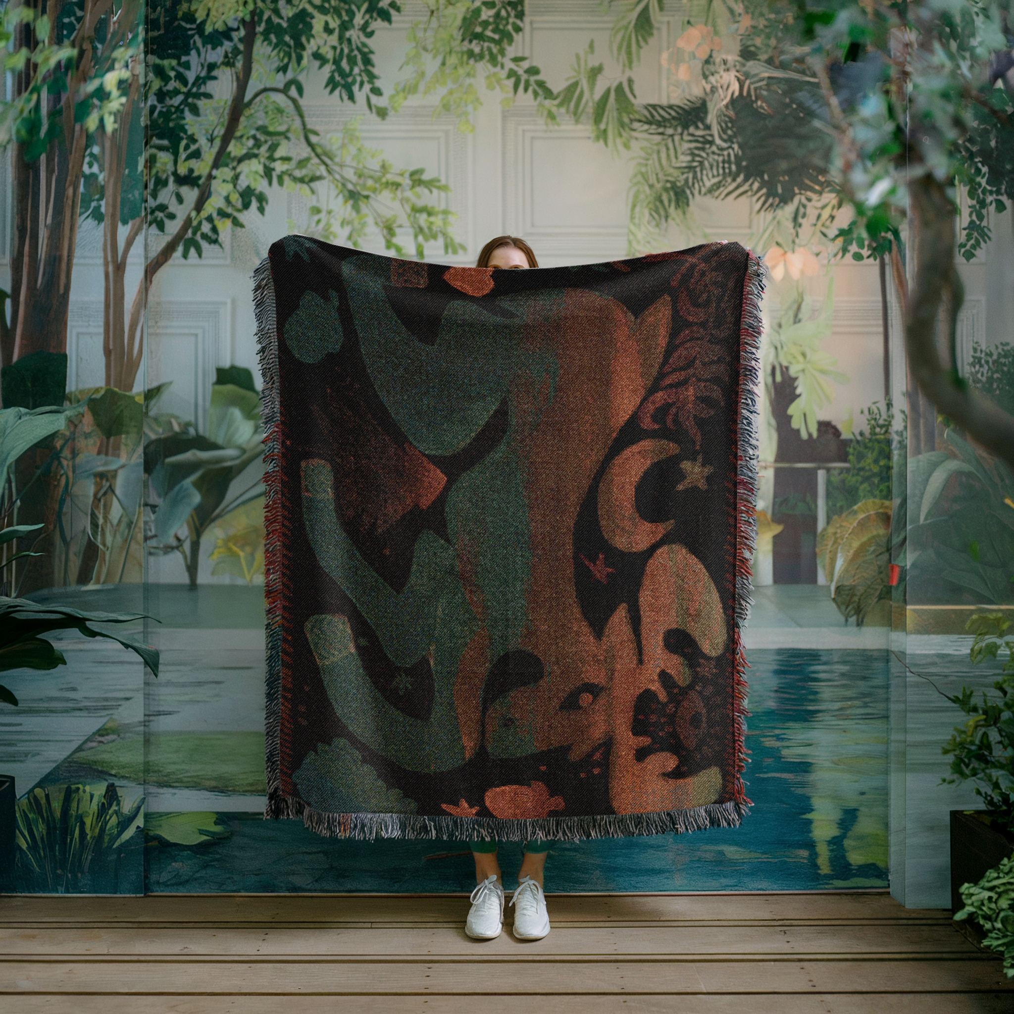 Scandinavian Deer Blanket - Boho Woven Tapestry Throw - Wood Nature Decor - Spirit Animal Roots Blanket - Earth Art