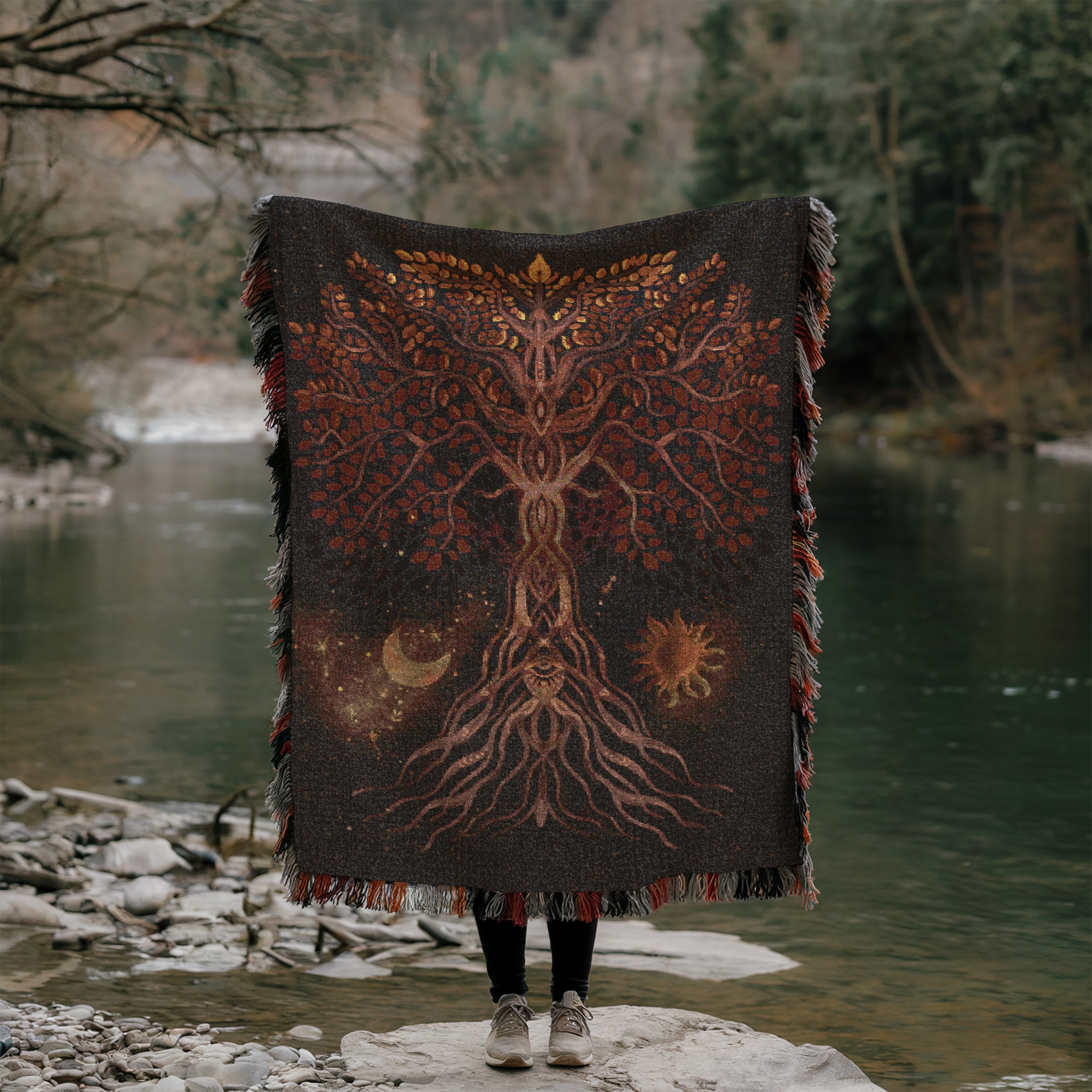 Tree of Life Blanket - Boho Woven Tapestry Throw - Cosmic Nature Decor - Moon Sun Roots Blanket - Mystical Earth Art