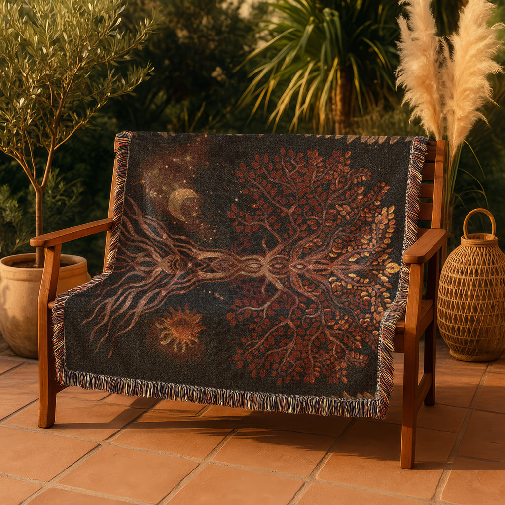 Tree of Life Blanket - Boho Woven Tapestry Throw - Cosmic Nature Decor - Moon Sun Roots Blanket - Mystical Earth Art