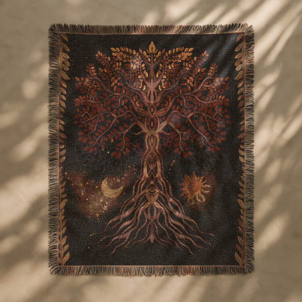 Tree of Life Blanket - Boho Woven Tapestry Throw - Cosmic Nature Decor - Moon Sun Roots Blanket - Mystical Earth Art