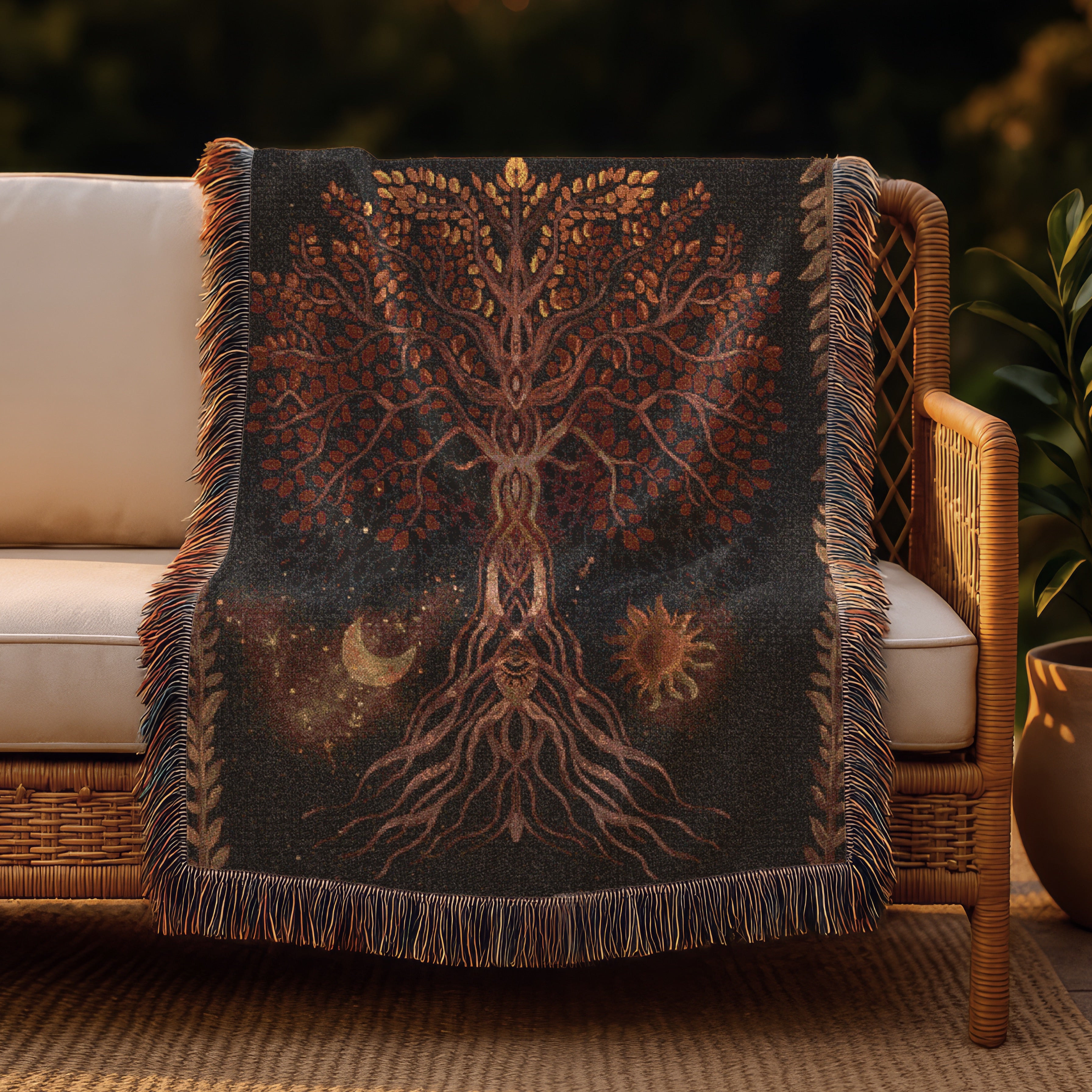 Tree of Life Blanket - Boho Woven Tapestry Throw - Cosmic Nature Decor - Moon Sun Roots Blanket - Mystical Earth Art