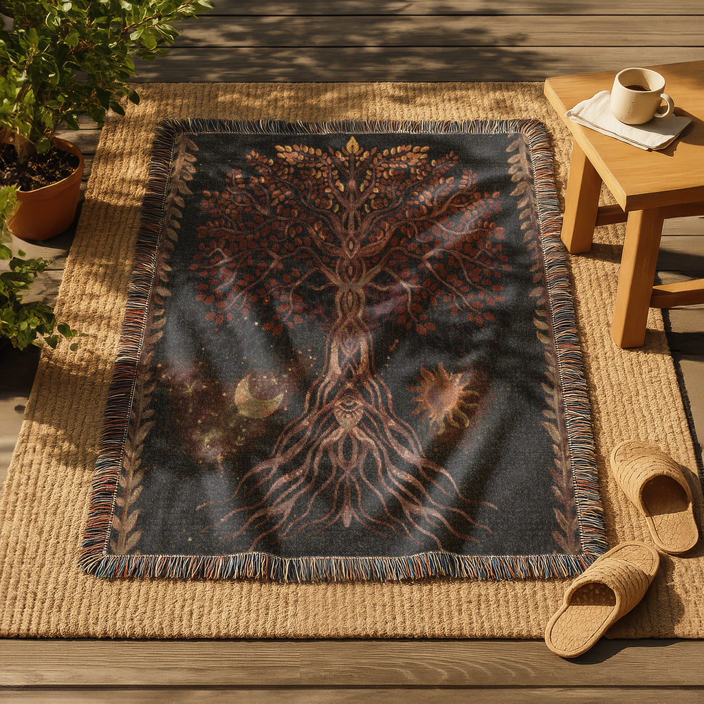 Tree of Life Blanket - Boho Woven Tapestry Throw - Cosmic Nature Decor - Moon Sun Roots Blanket - Mystical Earth Art