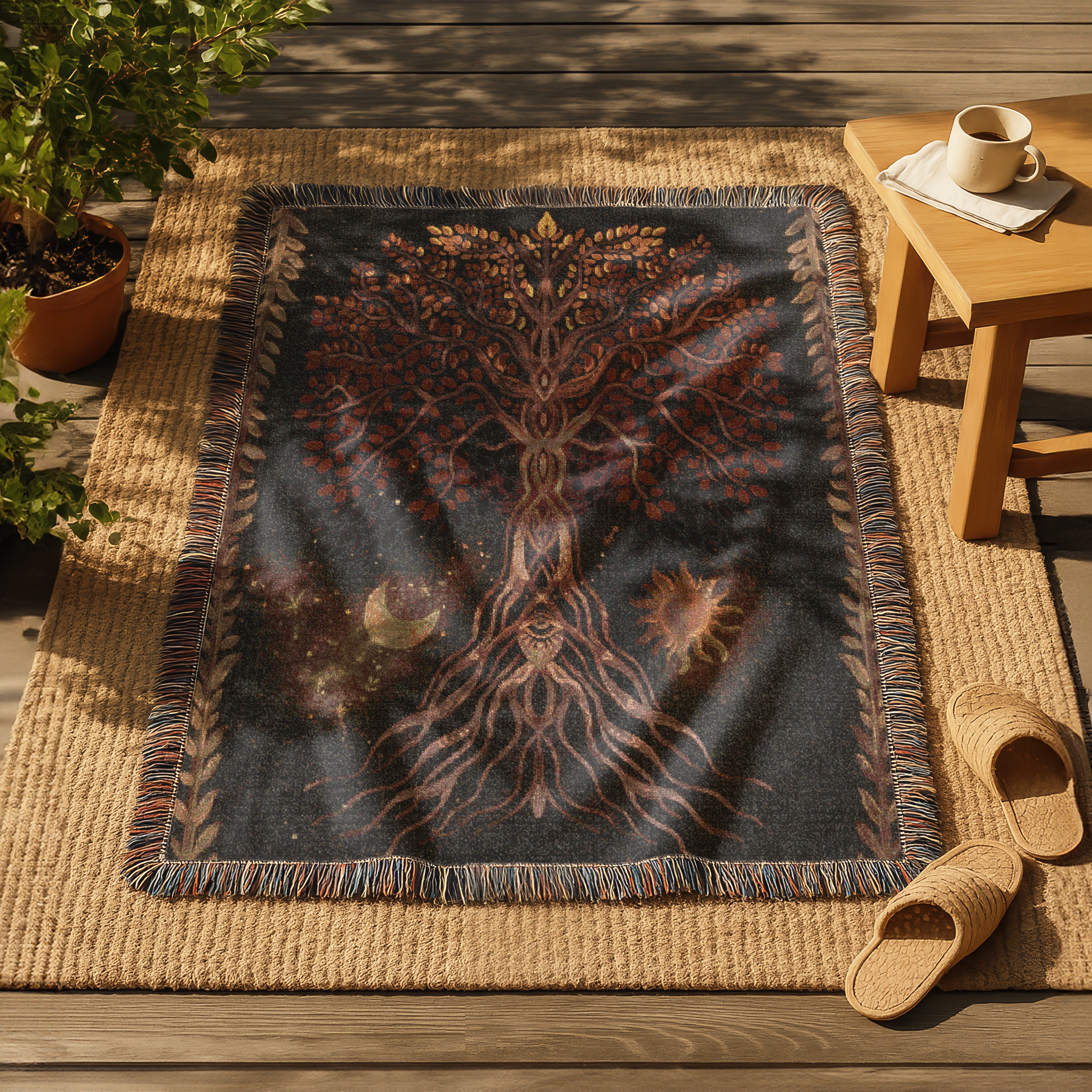 Tree of Life Blanket - Boho Woven Tapestry Throw - Cosmic Nature Decor - Moon Sun Roots Blanket - Mystical Earth Art