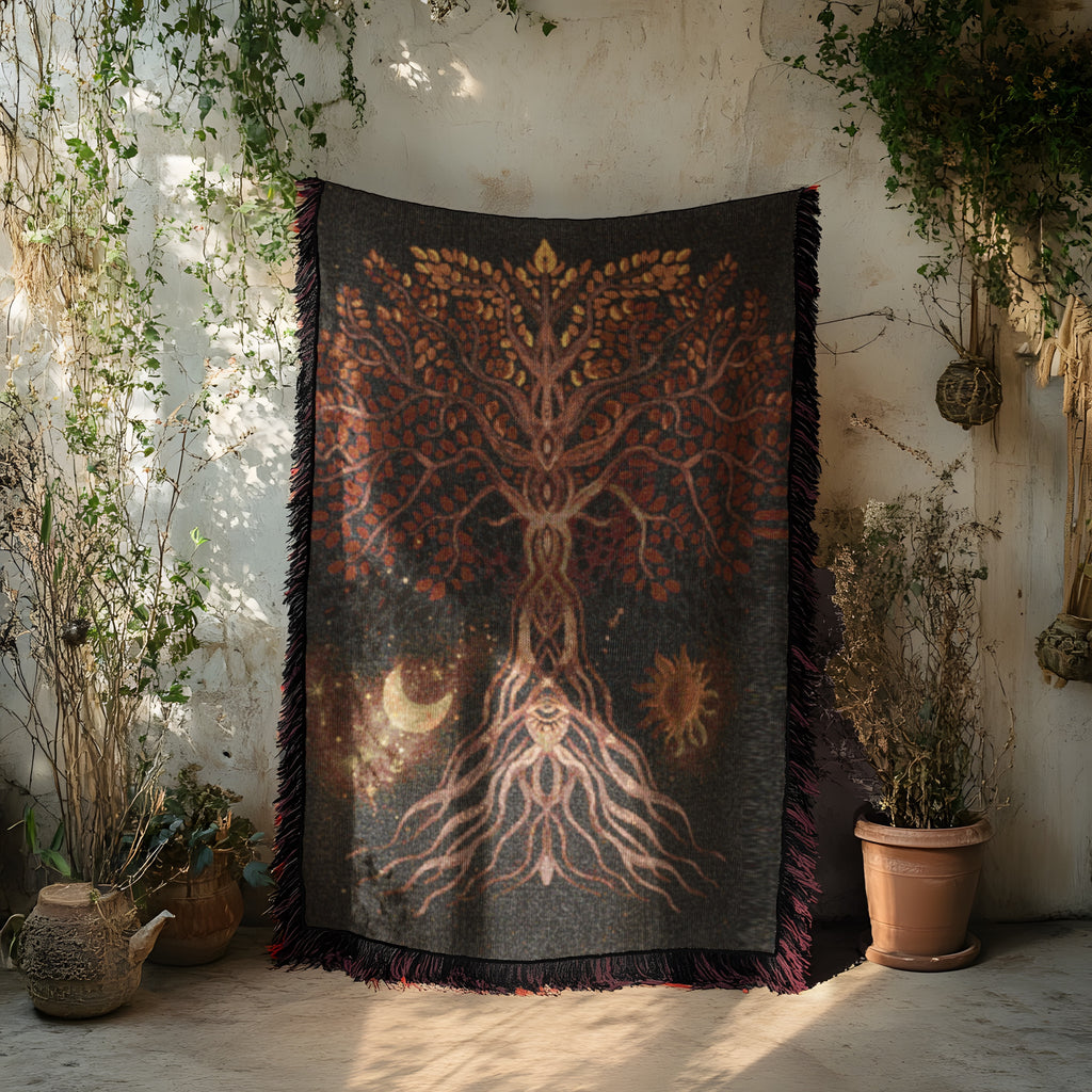 Tree of Life Blanket - Boho Woven Tapestry Throw - Cosmic Nature Decor - Moon Sun Roots Blanket - Mystical Earth Art
