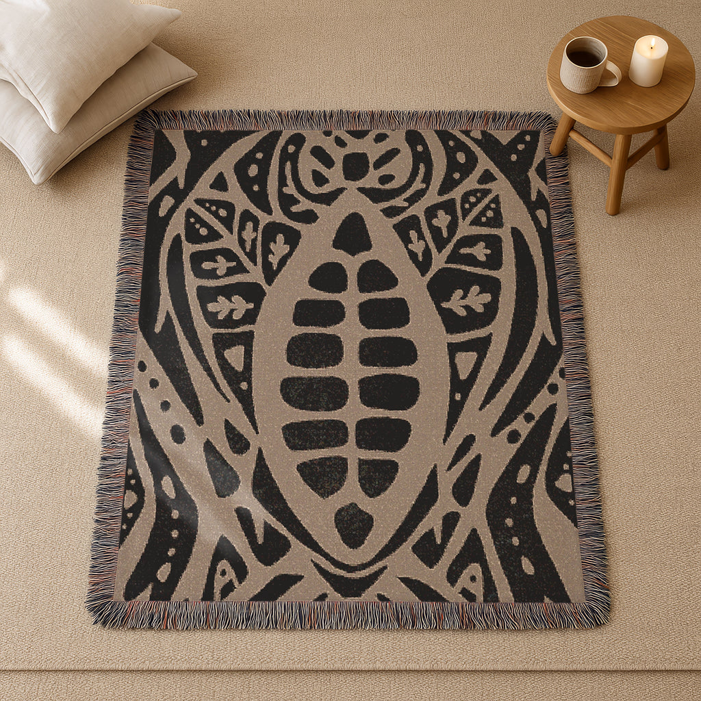 Sacred Cacao Woven Blanket - Sacred Plant Medicine Art - Earth Altar Decor -  Psychedelic Jungle Throw -  Boho Healing Tapestry, Beige