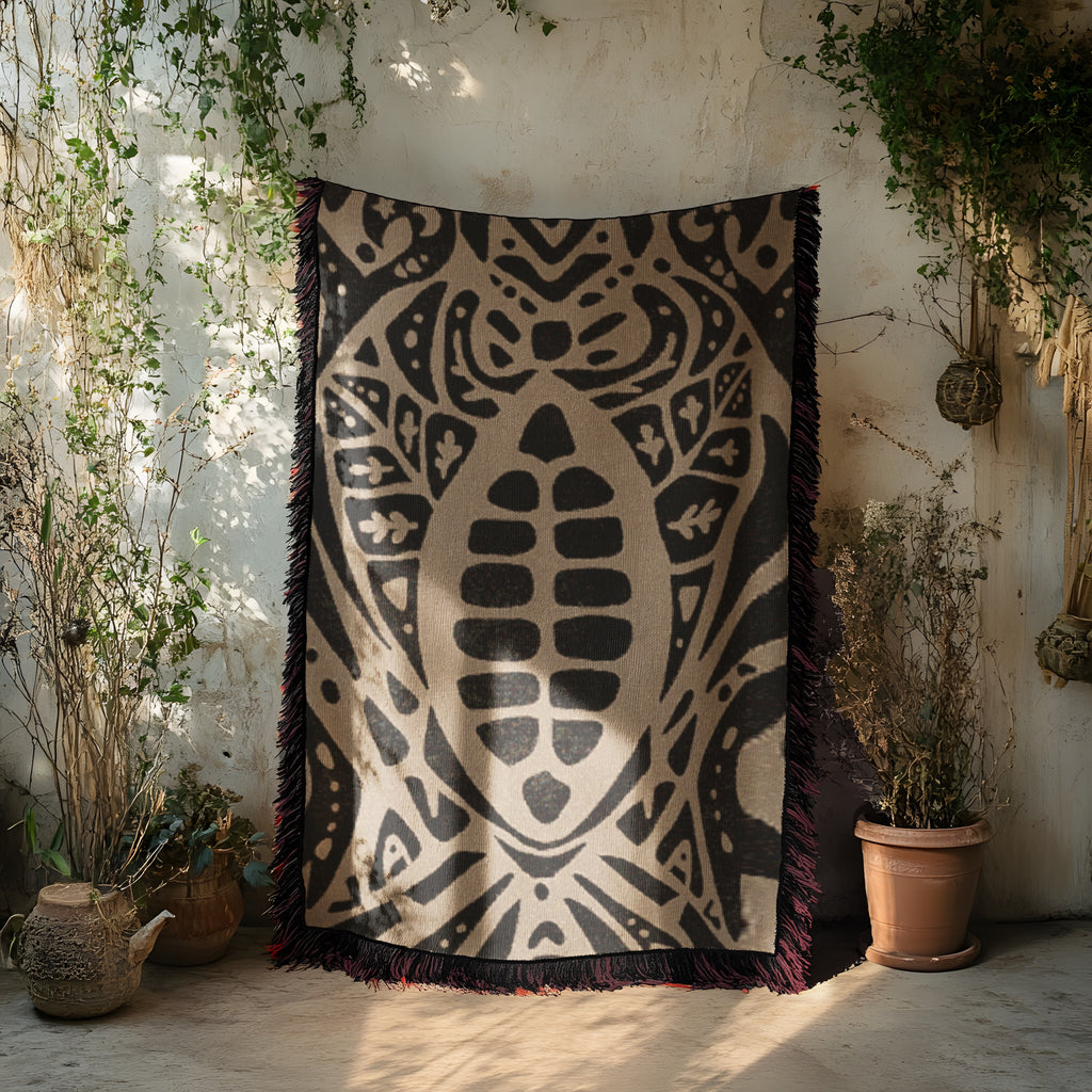 Sacred Cacao Woven Blanket - Sacred Plant Medicine Art - Earth Altar Decor -  Psychedelic Jungle Throw -  Boho Healing Tapestry, Beige