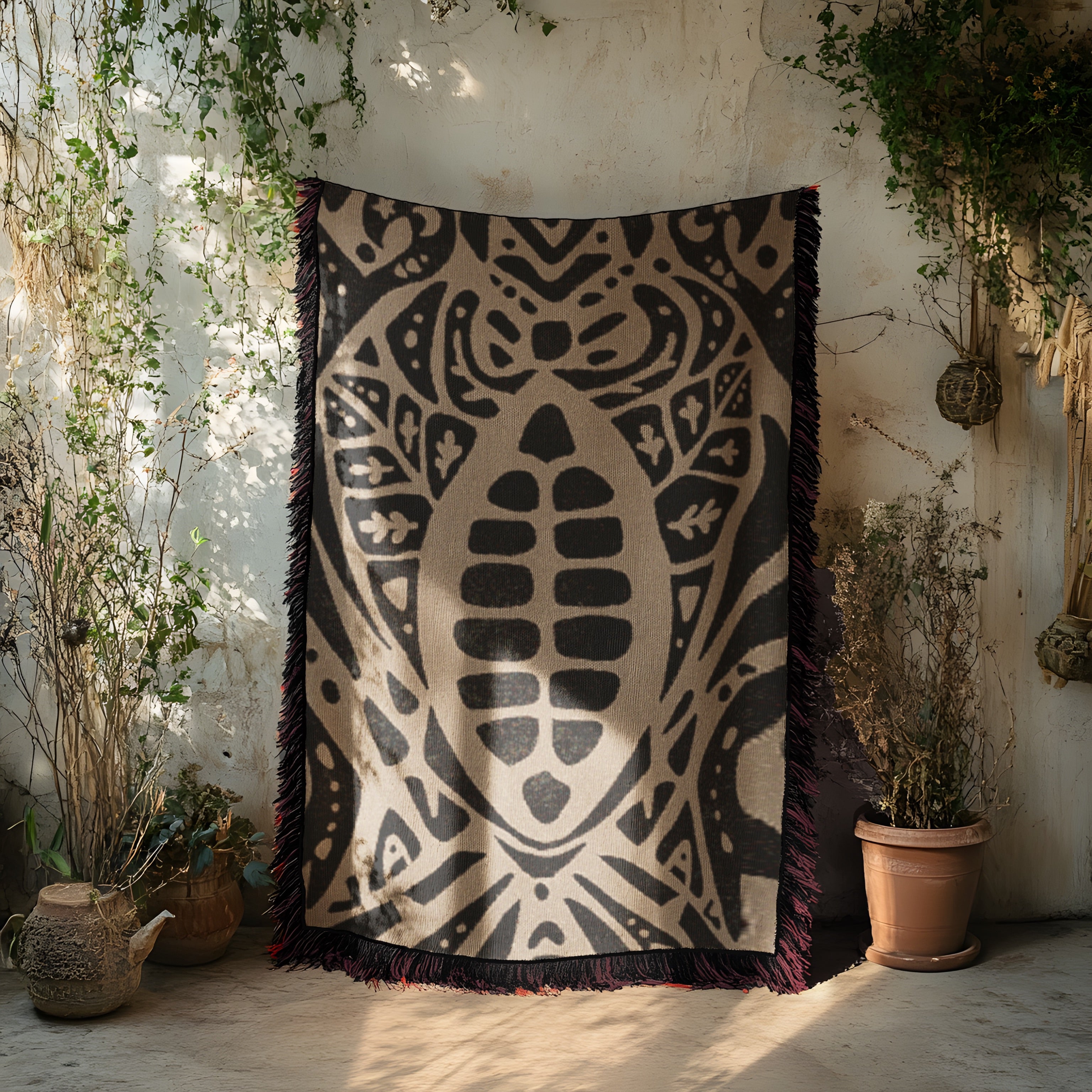 Sacred Cacao Woven Blanket - Sacred Plant Medicine Art - Earth Altar Decor -  Psychedelic Jungle Throw -  Boho Healing Tapestry, Beige