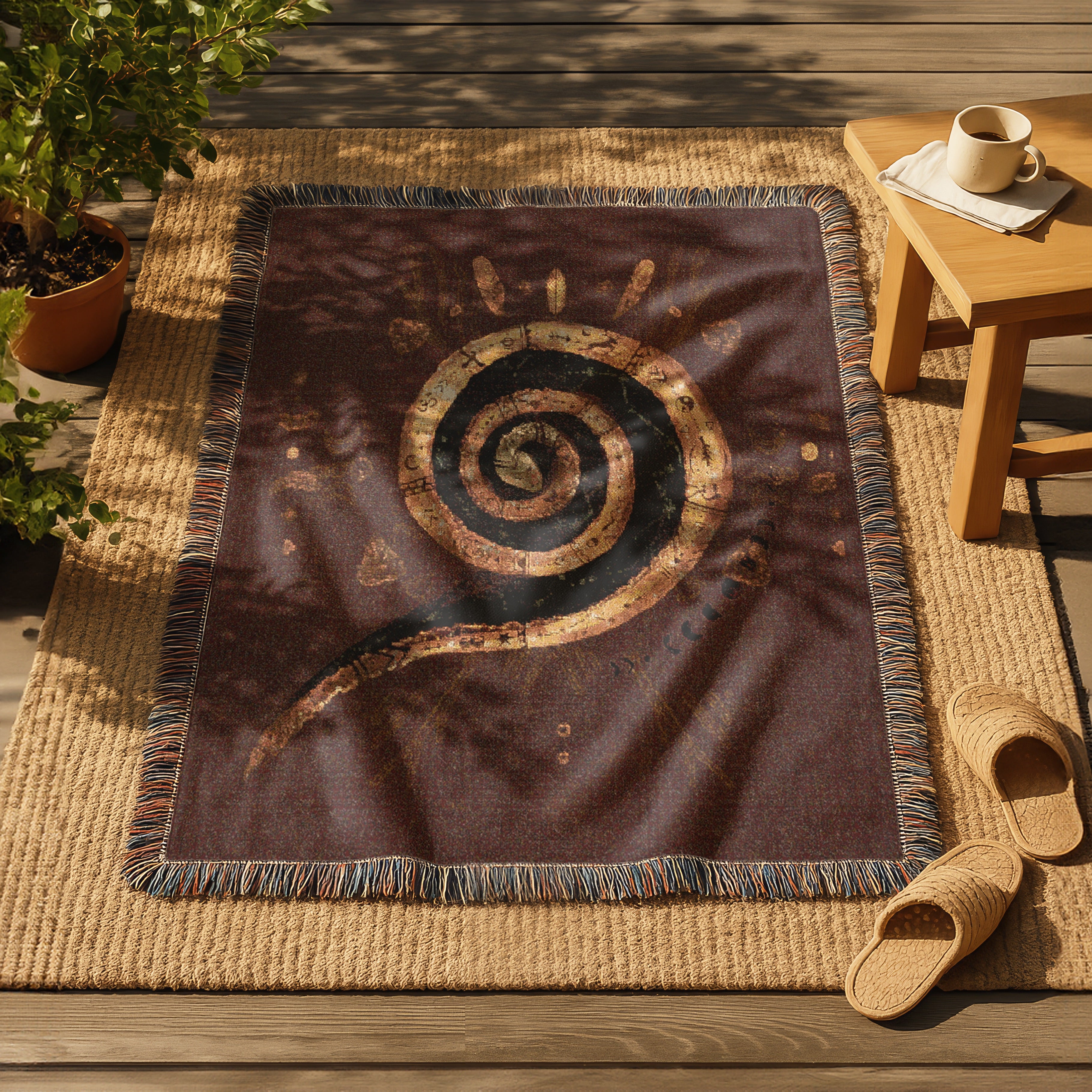Snake Spiral Woven Blanket Mystical Serpent Art Tapestry Throw, Earthy Boho Home Decor, Sacred Symbol of Rebirth & Divine Feminine