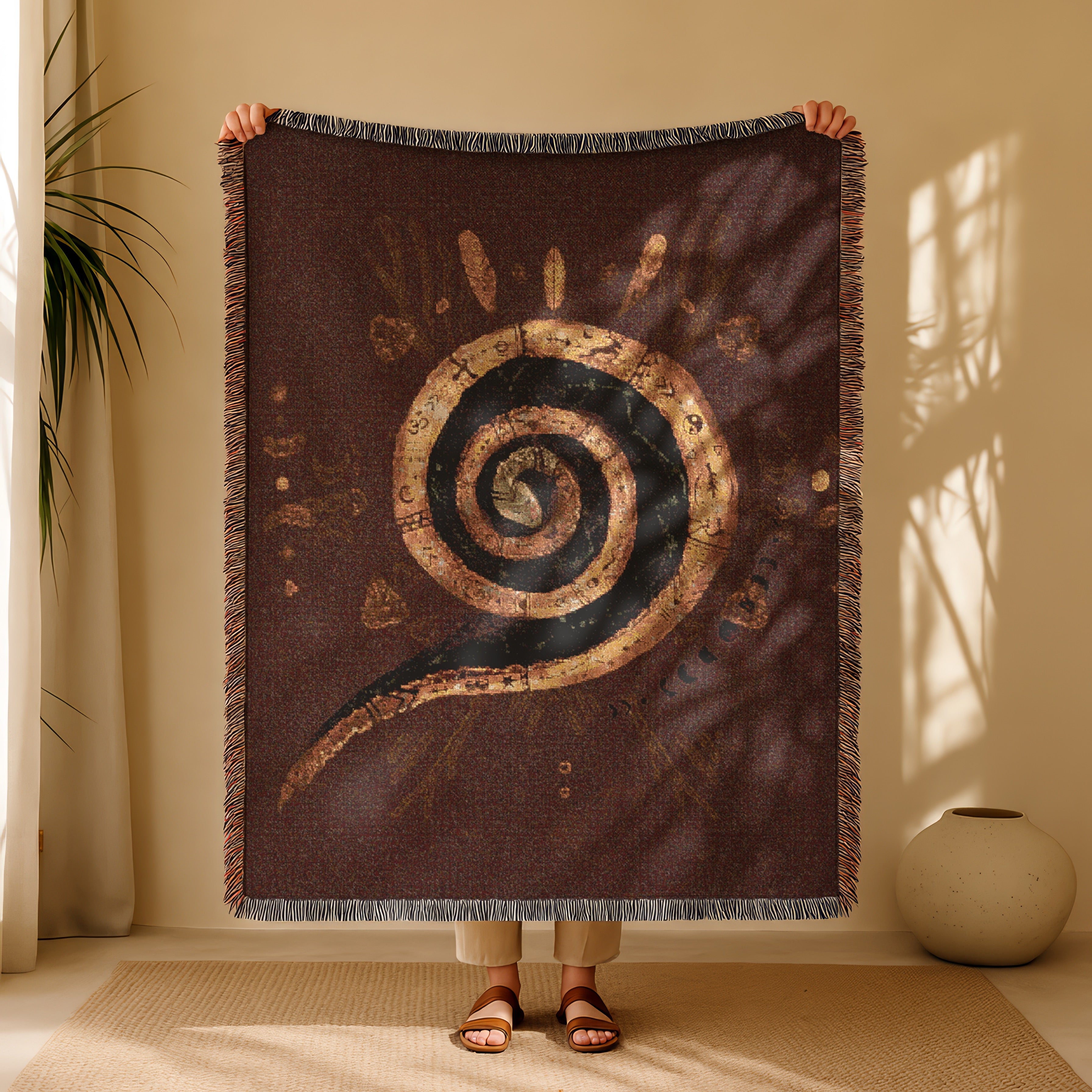Snake Spiral Woven Blanket Mystical Serpent Art Tapestry Throw, Earthy Boho Home Decor, Sacred Symbol of Rebirth & Divine Feminine