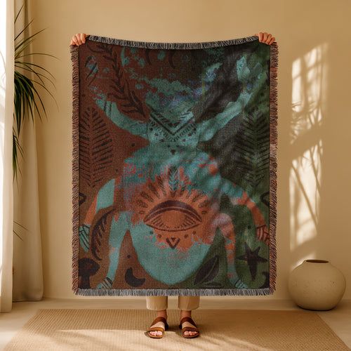 Boho Nature Woven Blanket,  Stag Beetle Wall Tapestry, Sacred Insect Art Throw | Keeper of the Eye
