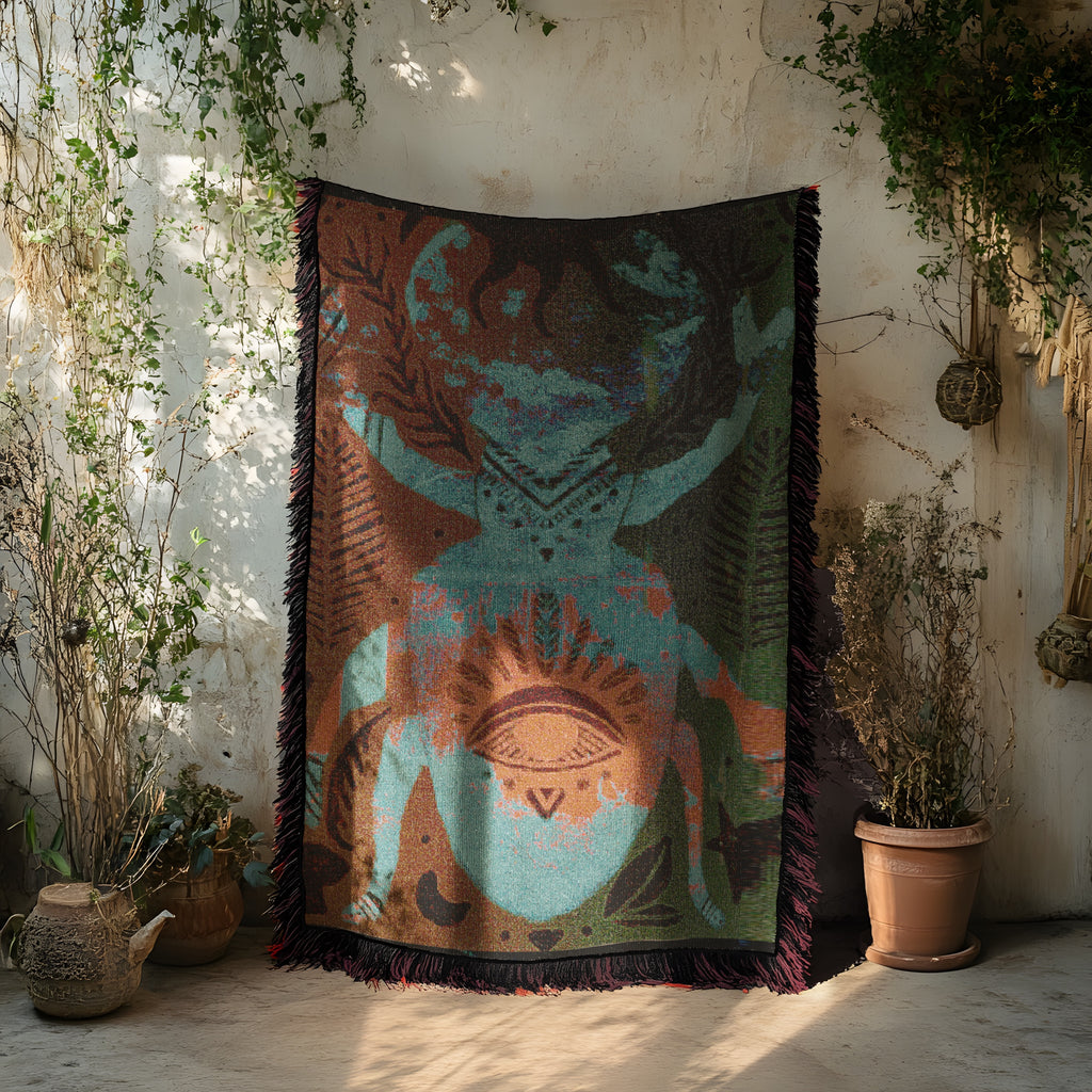 Boho Nature Woven Blanket,  Stag Beetle Wall Tapestry, Sacred Insect Art Throw | Keeper of the Eye