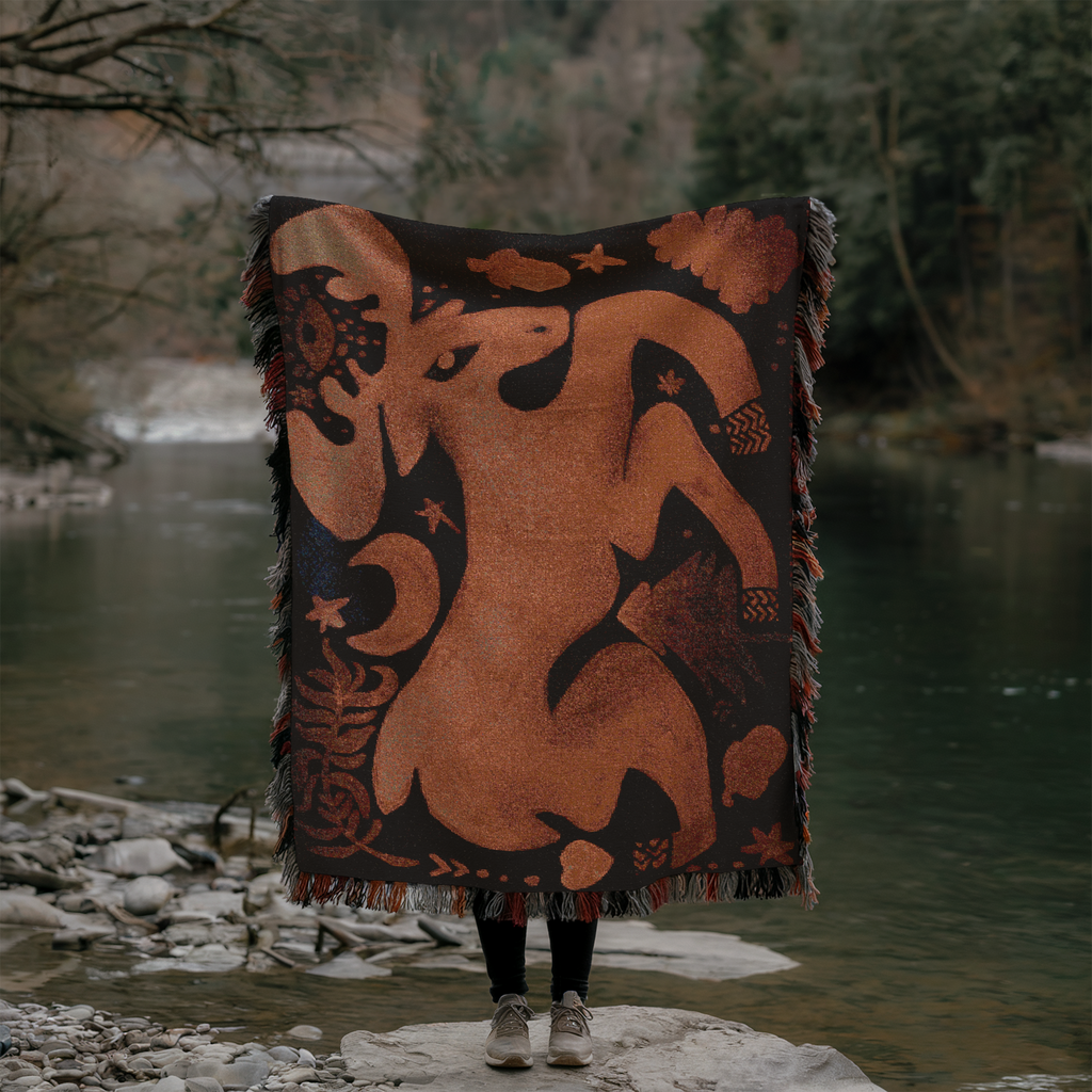 Boho Deer Woven Blanket - Spirit Animal Throw, Moon Blanket, Mystical Forest Animal Tapestry, Nature Wall Decor, Woodland Bohemian Home Gift