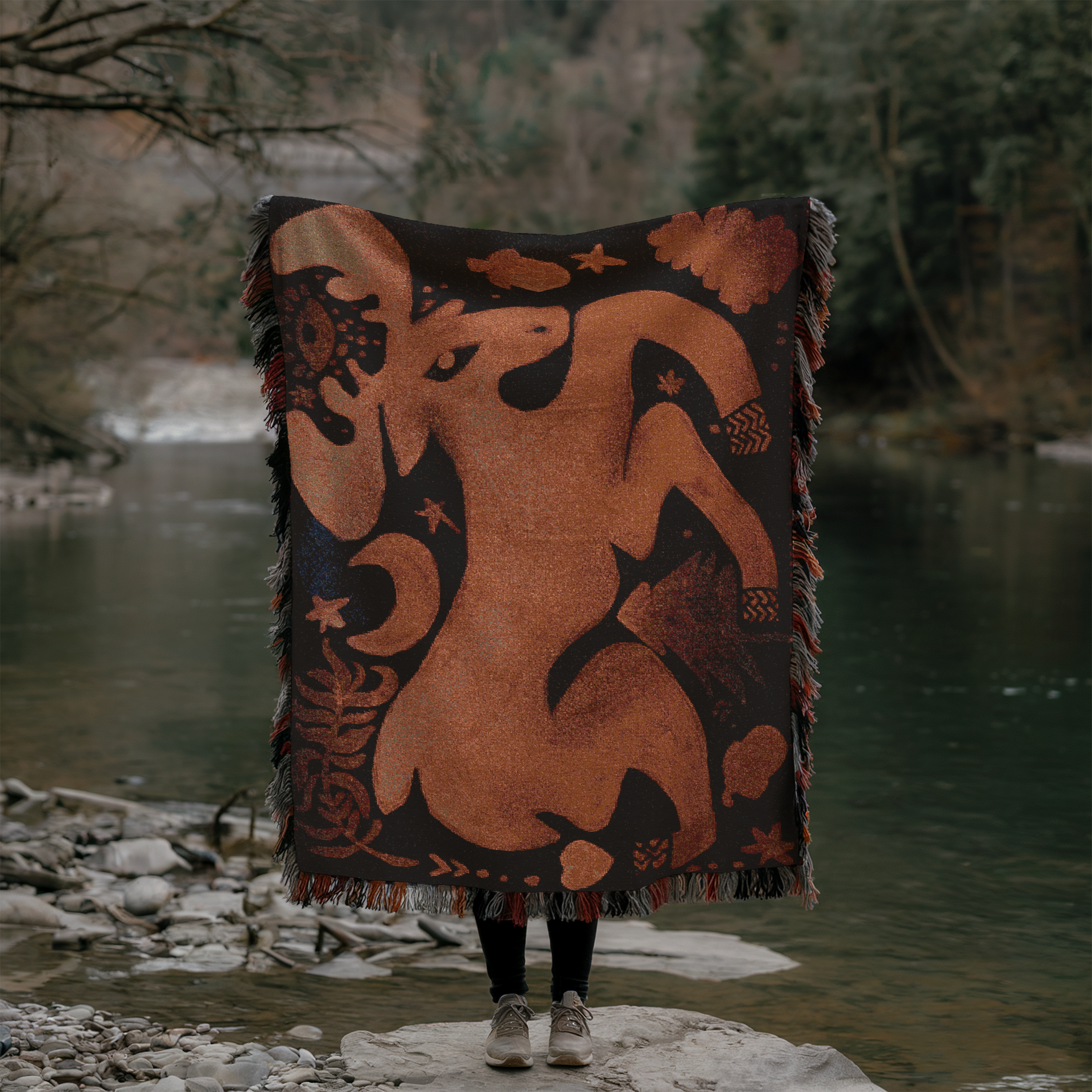 Boho Deer Woven Blanket - Spirit Animal Throw, Moon Blanket, Mystical Forest Animal Tapestry, Nature Wall Decor, Woodland Bohemian Home Gift
