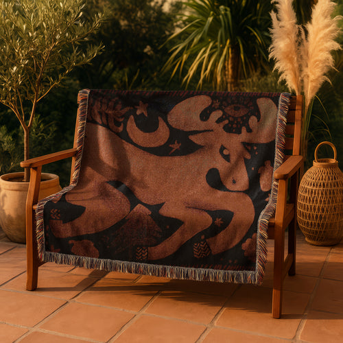 Boho Deer Woven Blanket - Spirit Animal Throw, Moon Blanket, Mystical Forest Animal Tapestry, Nature Wall Decor, Woodland Bohemian Home Gift