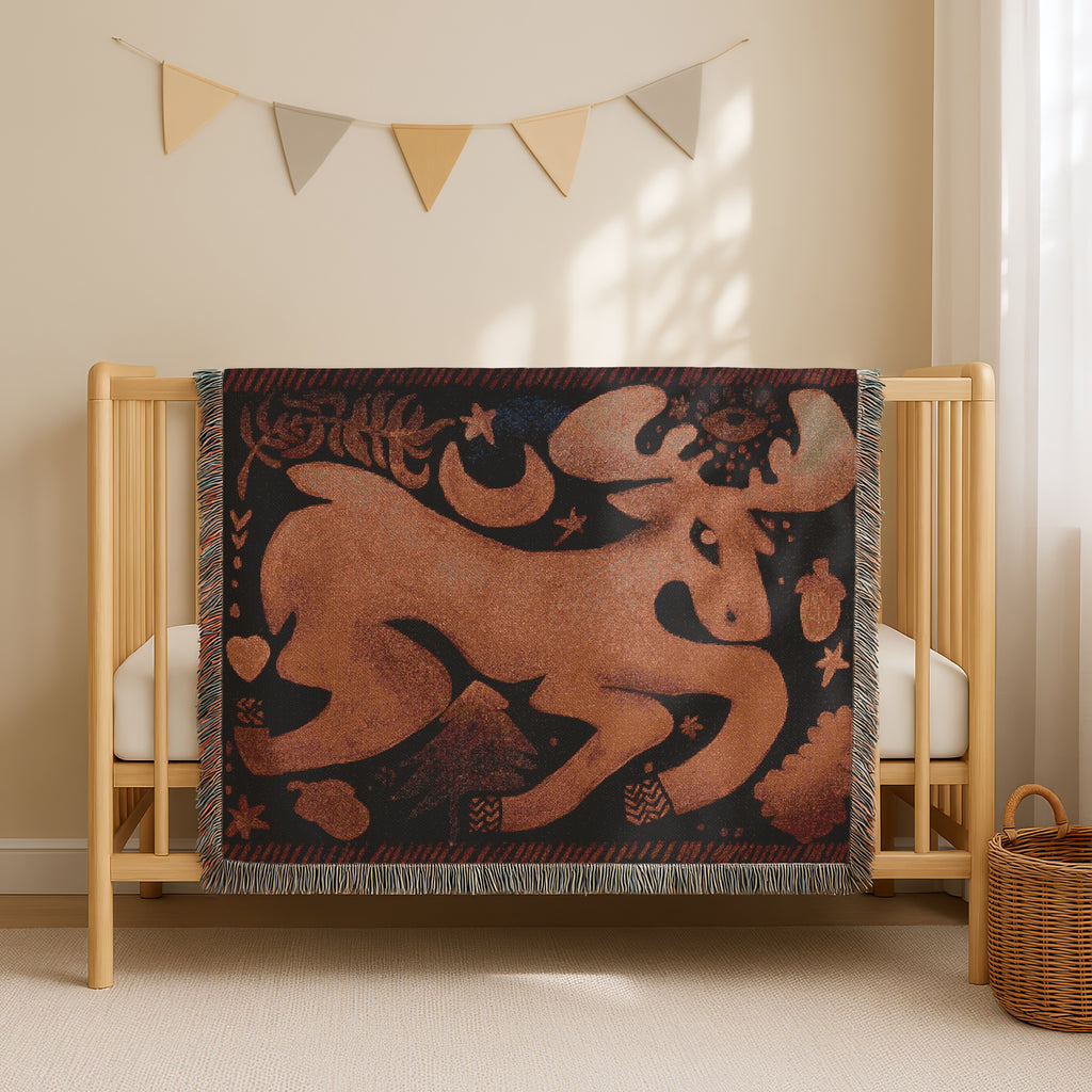 Boho Deer Woven Blanket - Spirit Animal Throw, Moon Blanket, Mystical Forest Animal Tapestry, Nature Wall Decor, Woodland Bohemian Home Gift