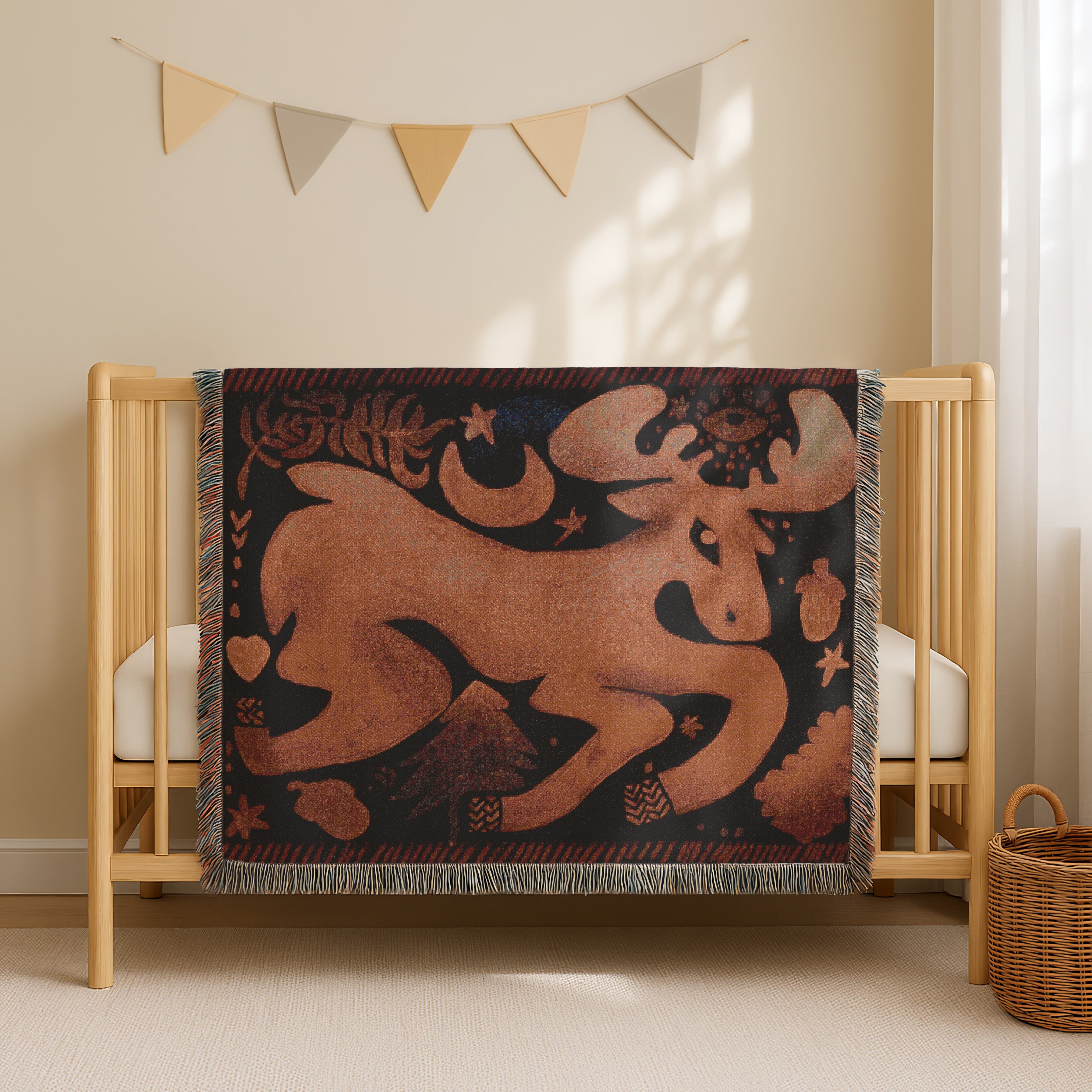 Boho Deer Woven Blanket - Spirit Animal Throw, Moon Blanket, Mystical Forest Animal Tapestry, Nature Wall Decor, Woodland Bohemian Home Gift