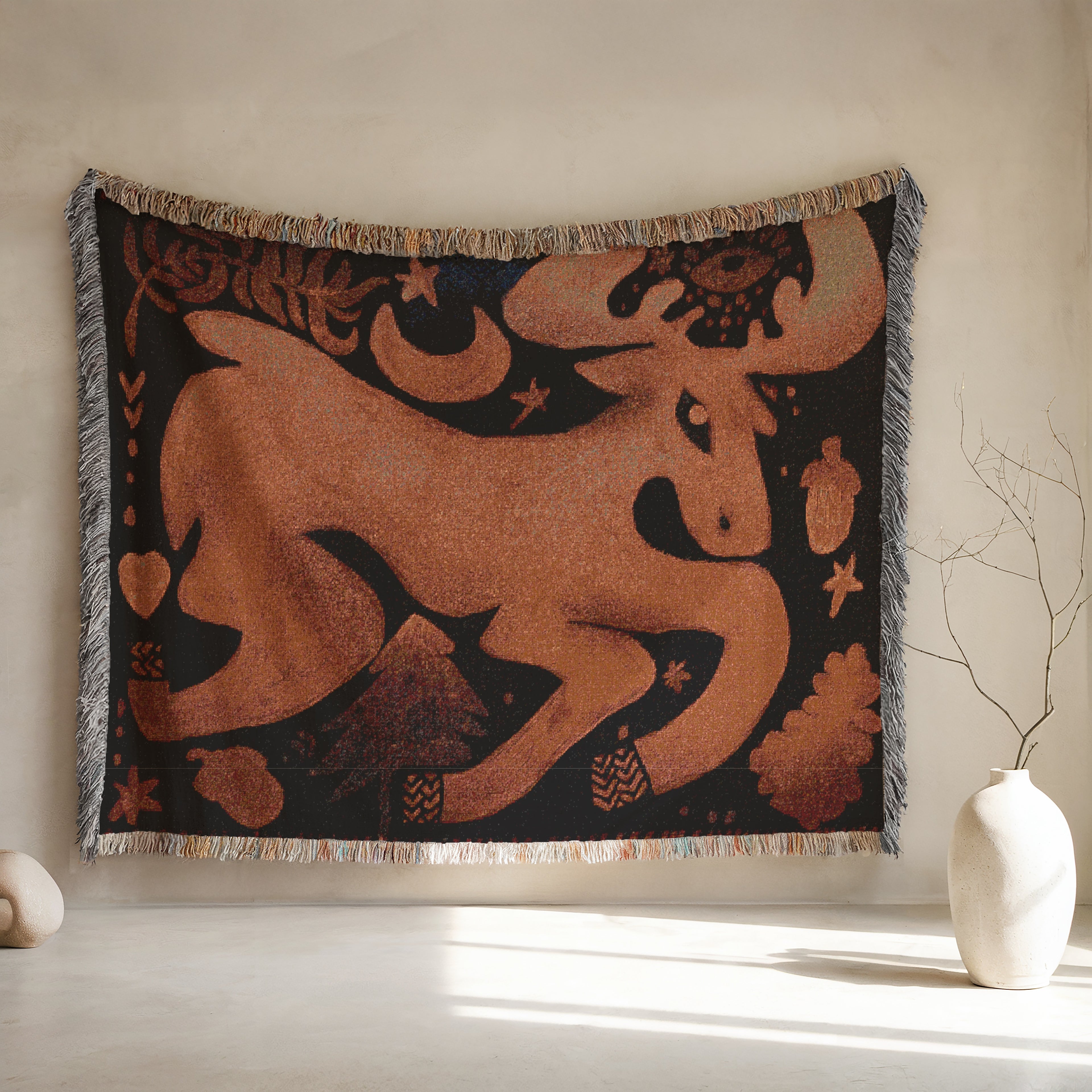 Boho Deer Woven Blanket - Spirit Animal Throw, Moon Blanket, Mystical Forest Animal Tapestry, Nature Wall Decor, Woodland Bohemian Home Gift