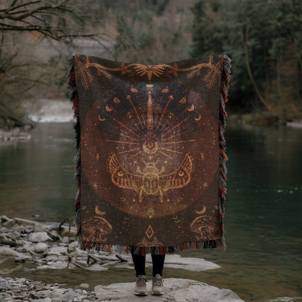 Mystic Celestial Blanket - Moon Phases Woven Throw, Boho Spiritual Decor, Bohemian Forest Scarab Art, Cosmic Astrology Gift