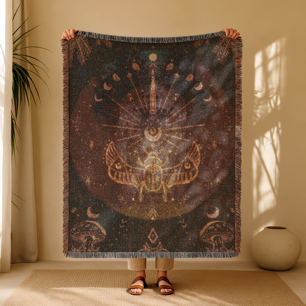 Mystic Celestial Blanket - Moon Phases Woven Throw, Boho Spiritual Decor, Bohemian Forest Scarab Art, Cosmic Astrology Gift