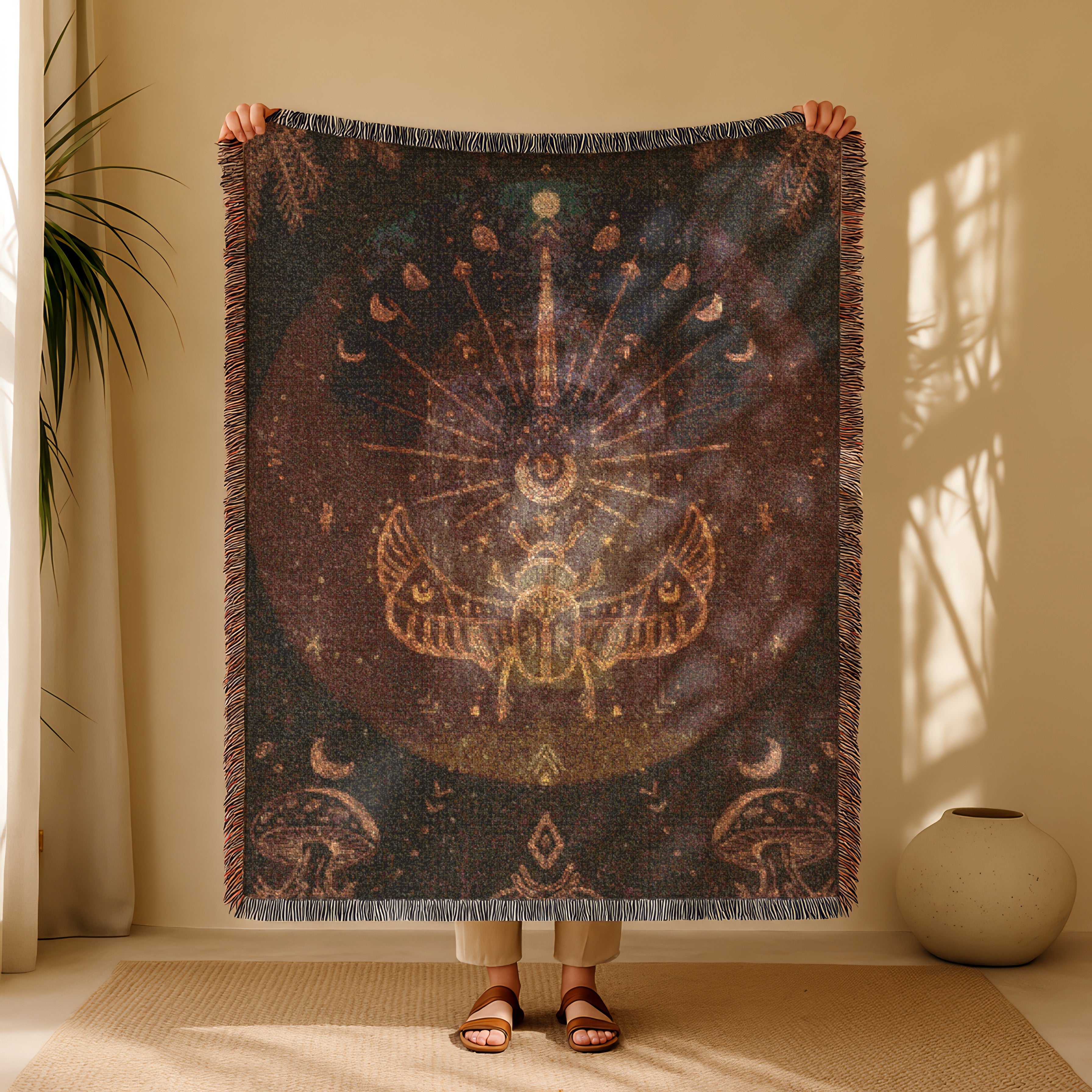 Mystic Celestial Blanket - Moon Phases Woven Throw, Boho Spiritual Decor, Bohemian Forest Scarab Art, Cosmic Astrology Gift