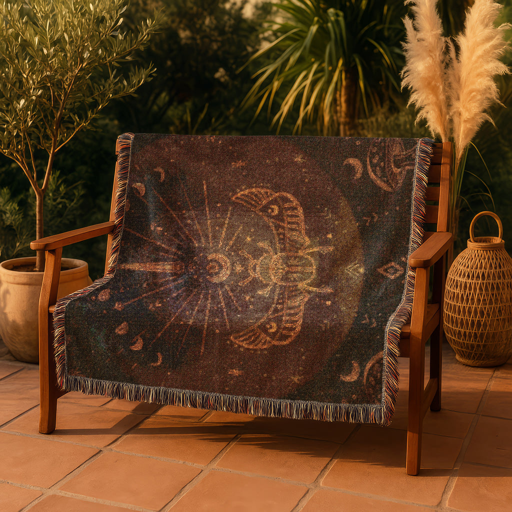 Mystic Celestial Blanket - Moon Phases Woven Throw, Boho Spiritual Decor, Bohemian Forest Scarab Art, Cosmic Astrology Gift