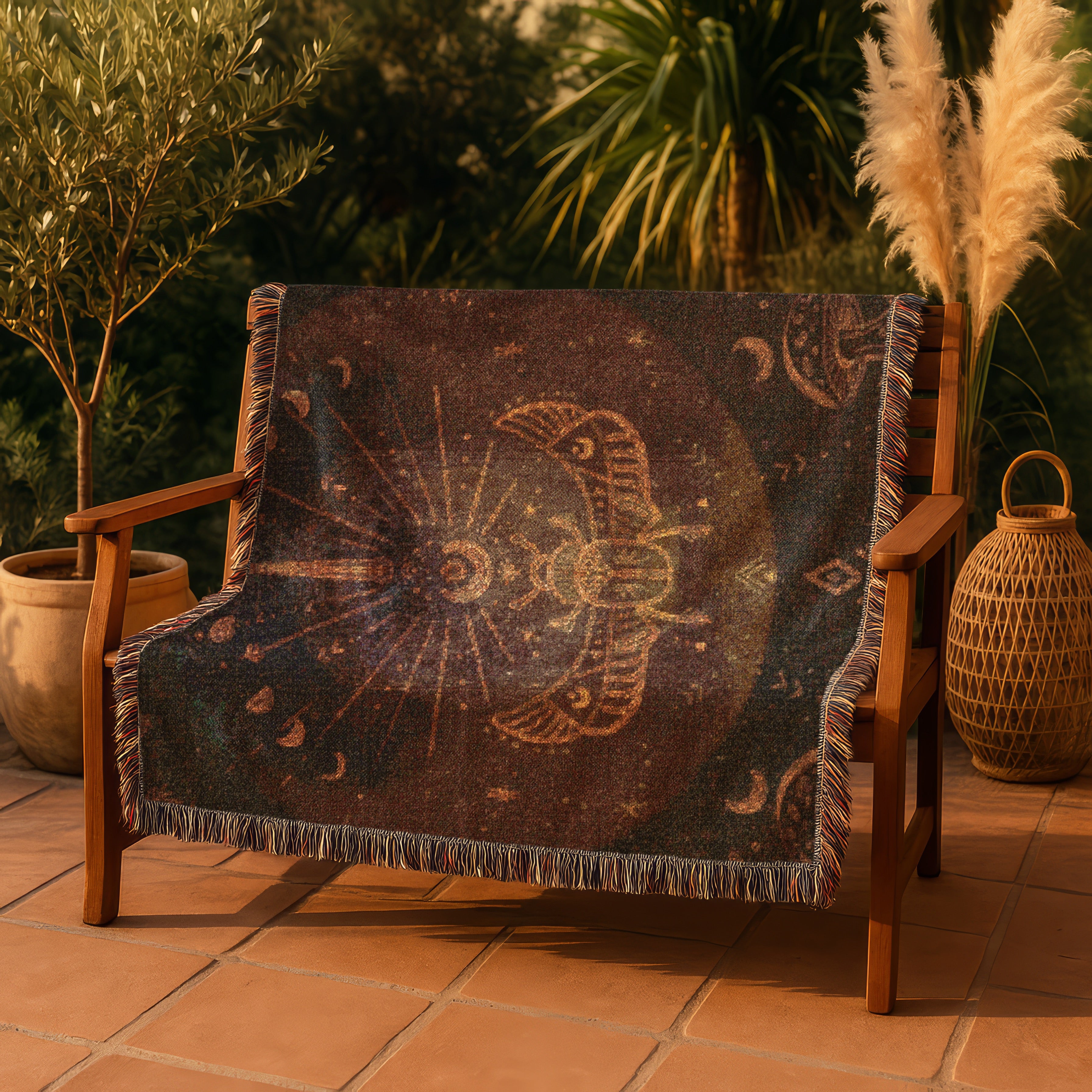 Mystic Celestial Blanket - Moon Phases Woven Throw, Boho Spiritual Decor, Bohemian Forest Scarab Art, Cosmic Astrology Gift