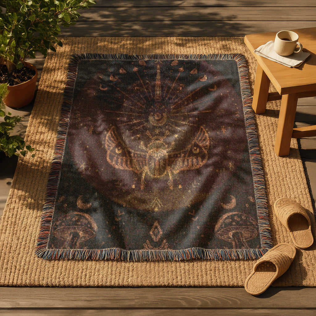 Mystic Celestial Blanket - Moon Phases Woven Throw, Boho Spiritual Decor, Bohemian Forest Scarab Art, Cosmic Astrology Gift