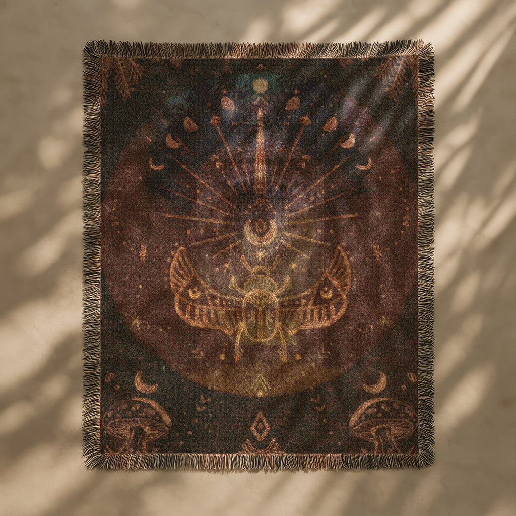 Mystic Celestial Blanket - Moon Phases Woven Throw, Boho Spiritual Decor, Bohemian Forest Scarab Art, Cosmic Astrology Gift
