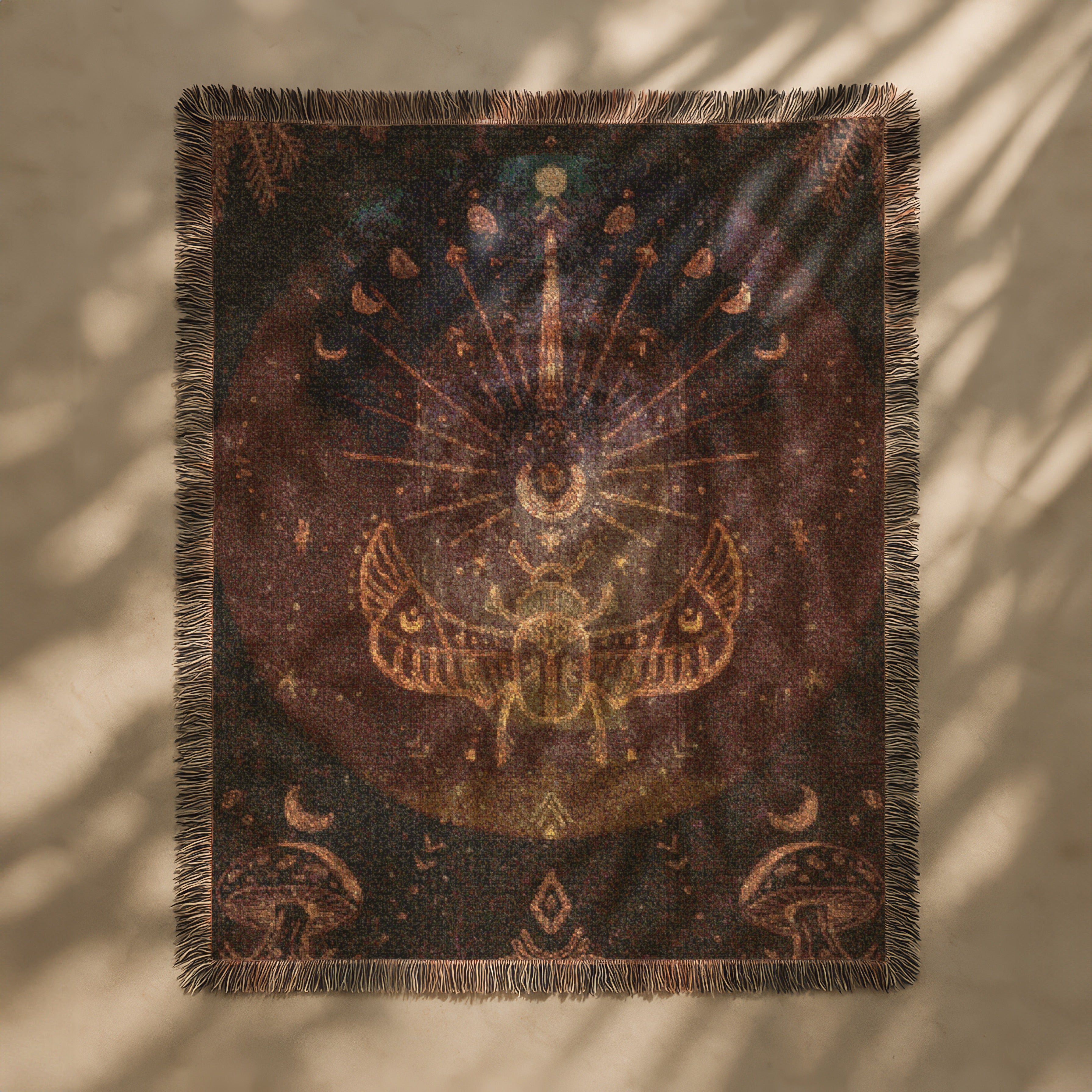 Mystic Celestial Blanket - Moon Phases Woven Throw, Boho Spiritual Decor, Bohemian Forest Scarab Art, Cosmic Astrology Gift
