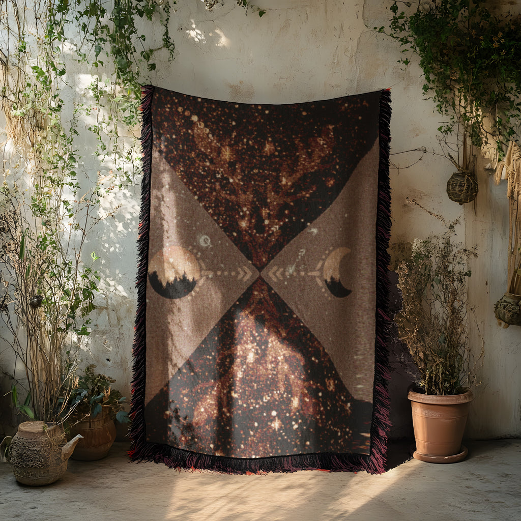 Mystical Moon Woven Blanket, Celestial Art Throw, Boho Witchy Tapestry Blanket - Memory of Our Future Selves