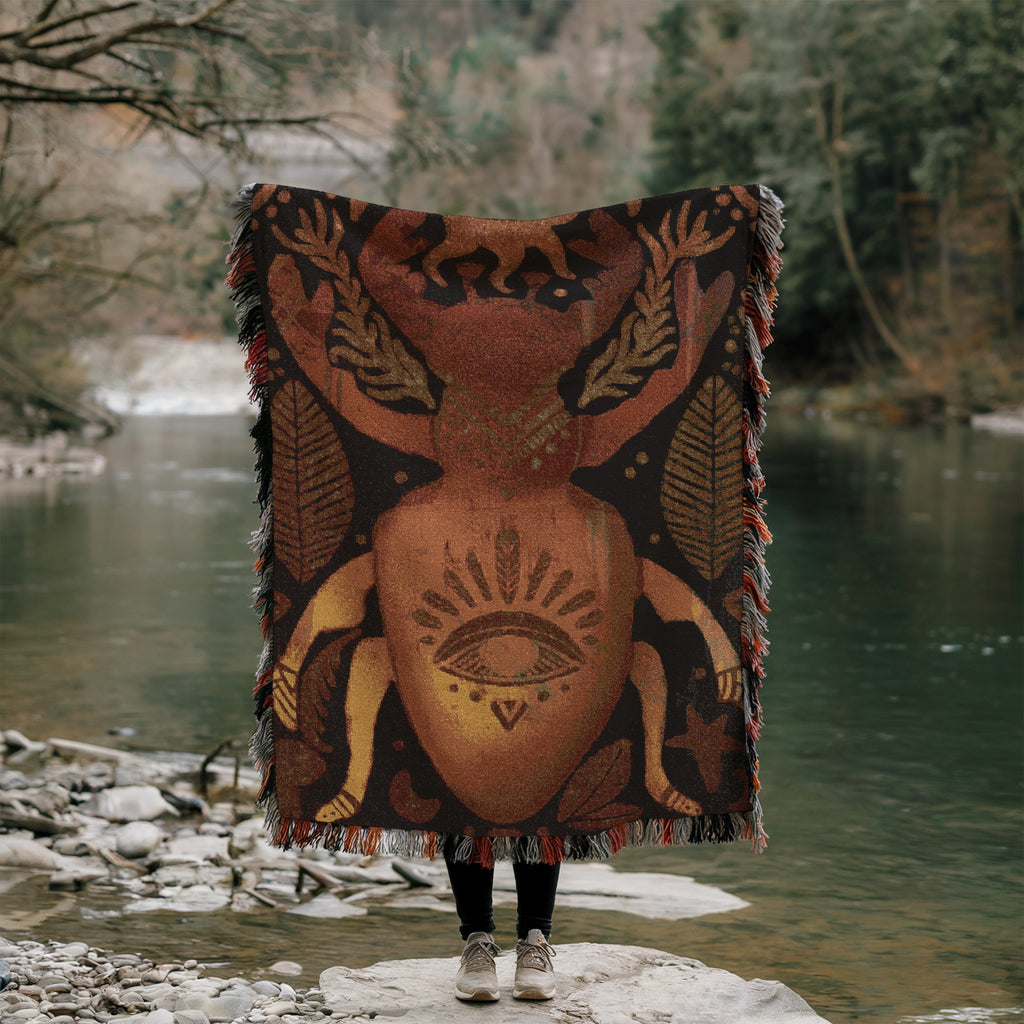 Boho Nature Woven Blanket, Stag Beetle Wall Tapestry, Sacred Insect Art Throw | Keeper of the Eye