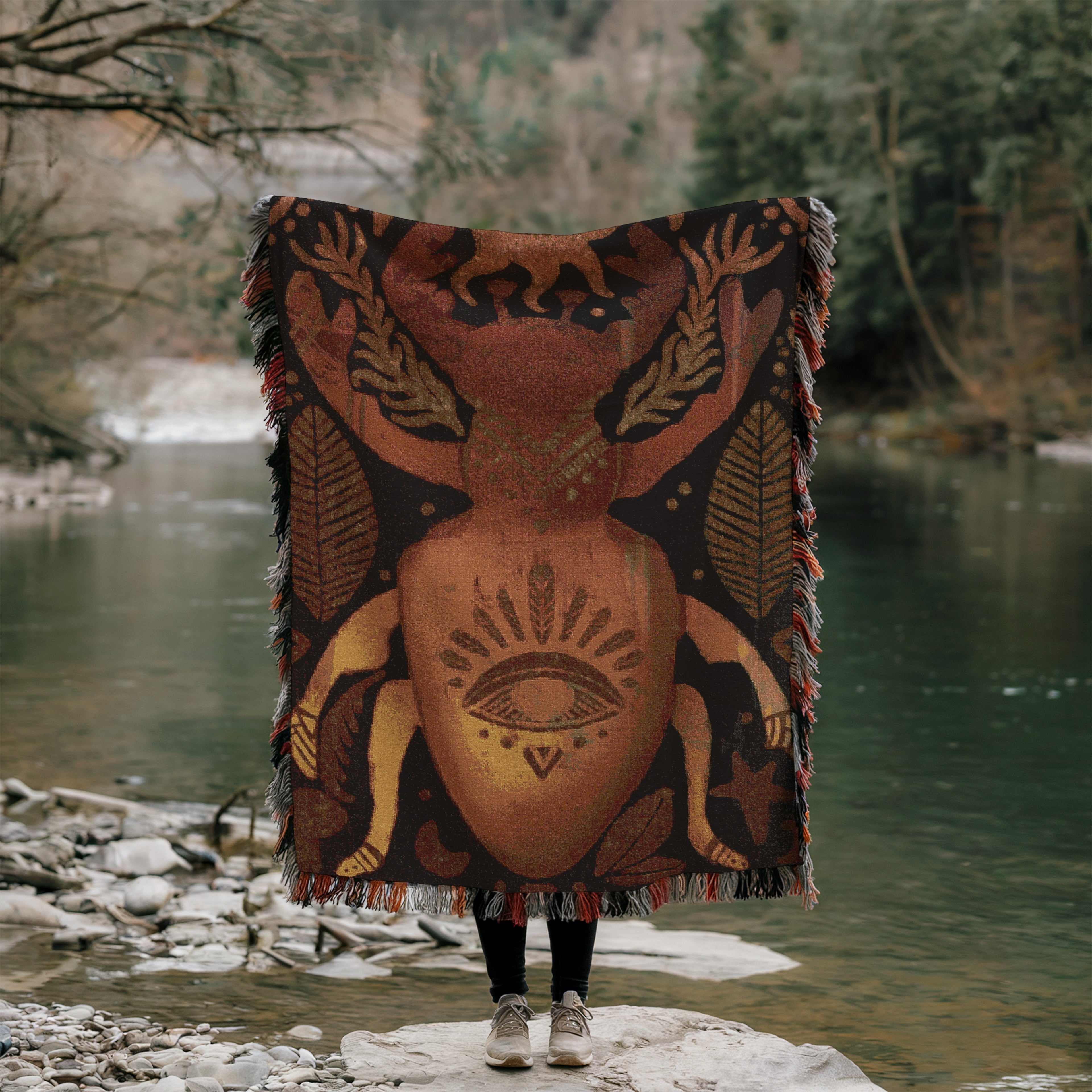 Boho Nature Woven Blanket, Stag Beetle Wall Tapestry, Sacred Insect Art Throw | Keeper of the Eye