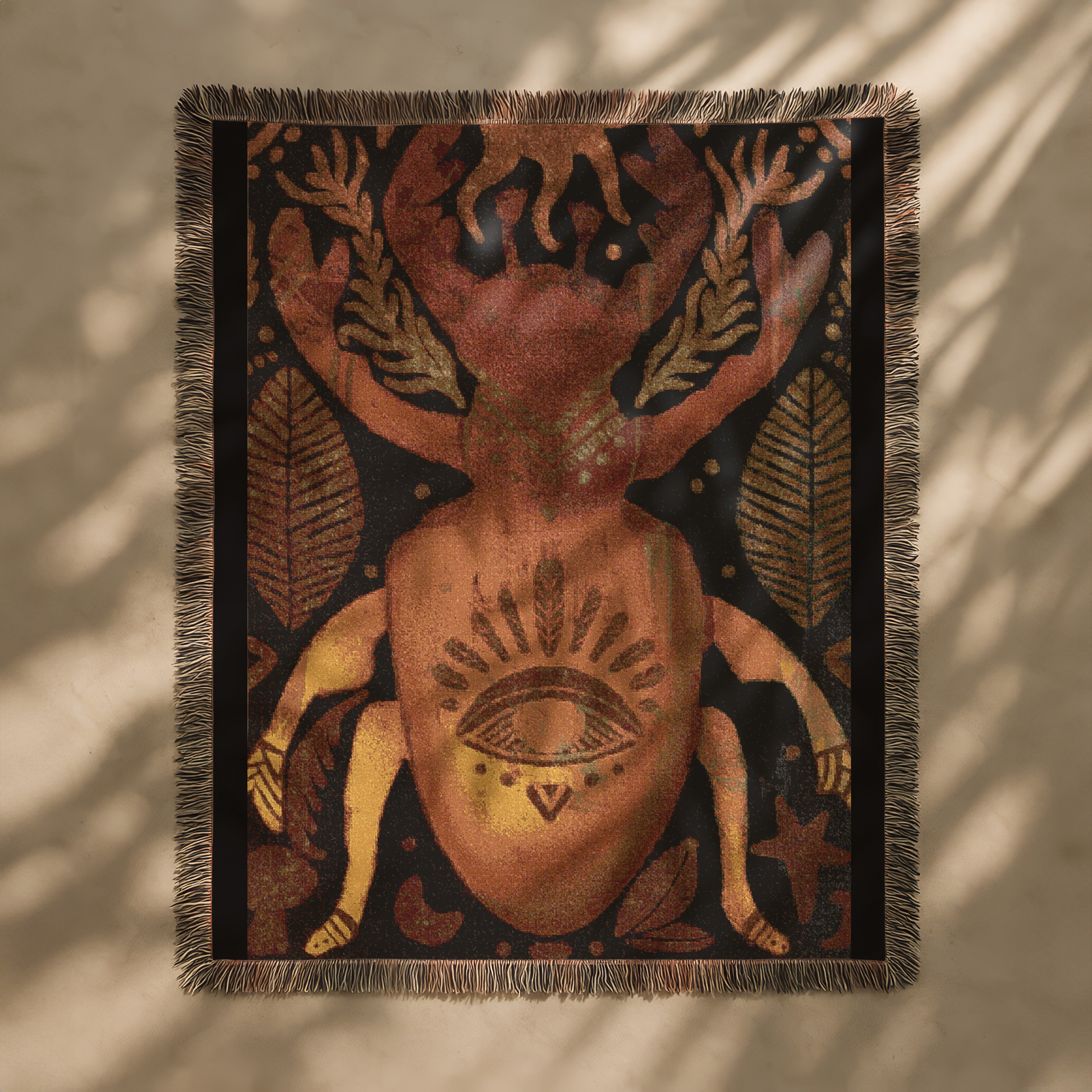 Boho Nature Woven Blanket, Stag Beetle Wall Tapestry, Sacred Insect Art Throw | Keeper of the Eye