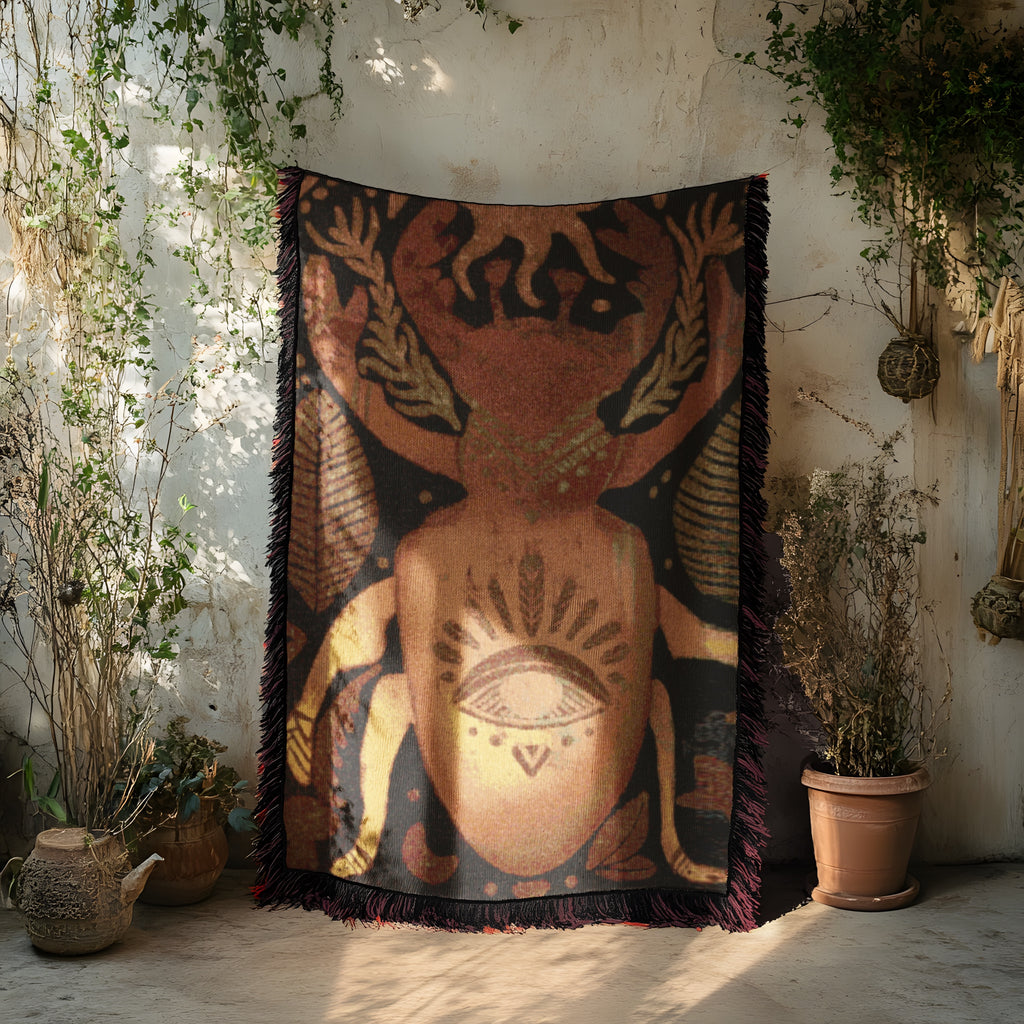 Boho Nature Woven Blanket, Stag Beetle Wall Tapestry, Sacred Insect Art Throw | Keeper of the Eye