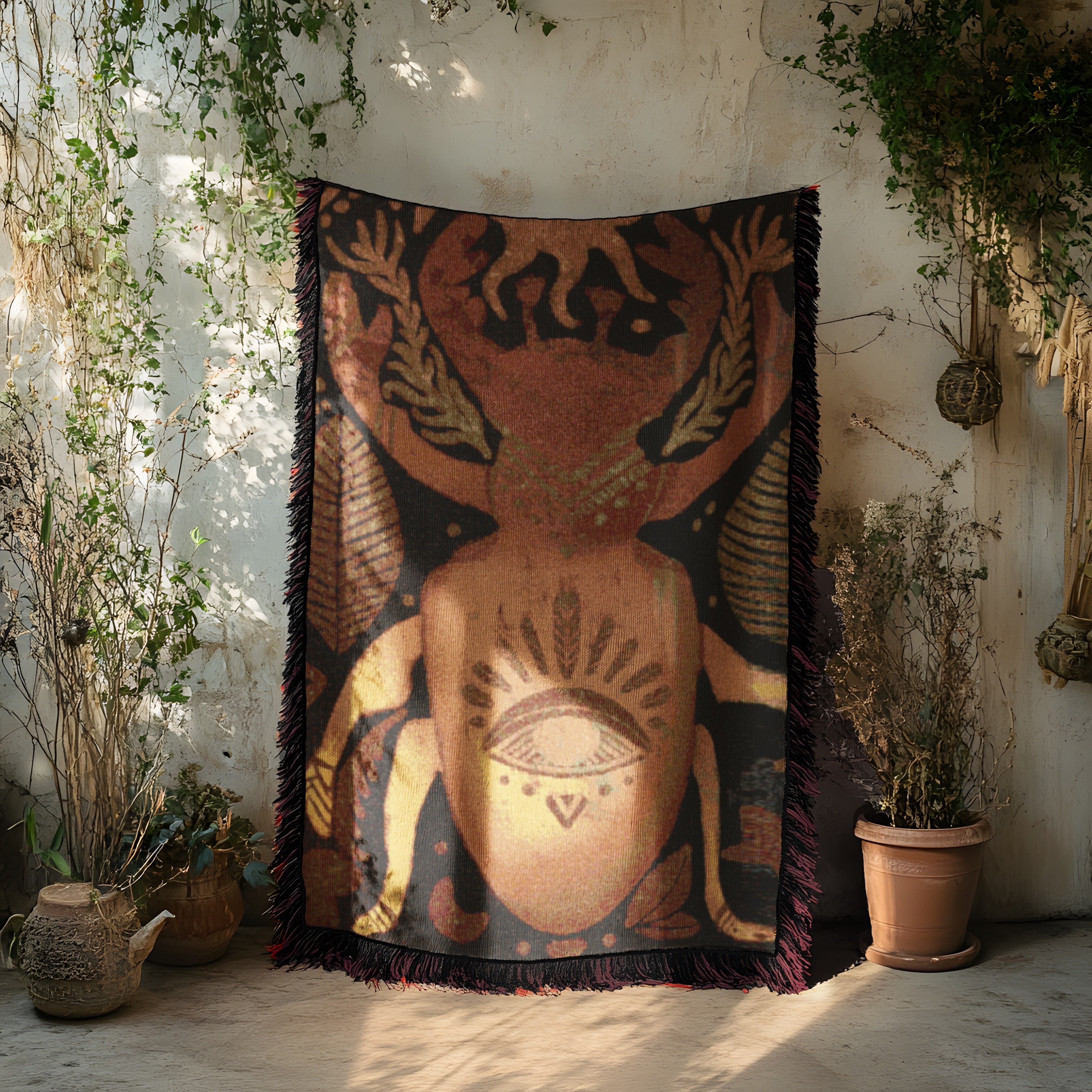 Boho Nature Woven Blanket, Stag Beetle Wall Tapestry, Sacred Insect Art Throw | Keeper of the Eye