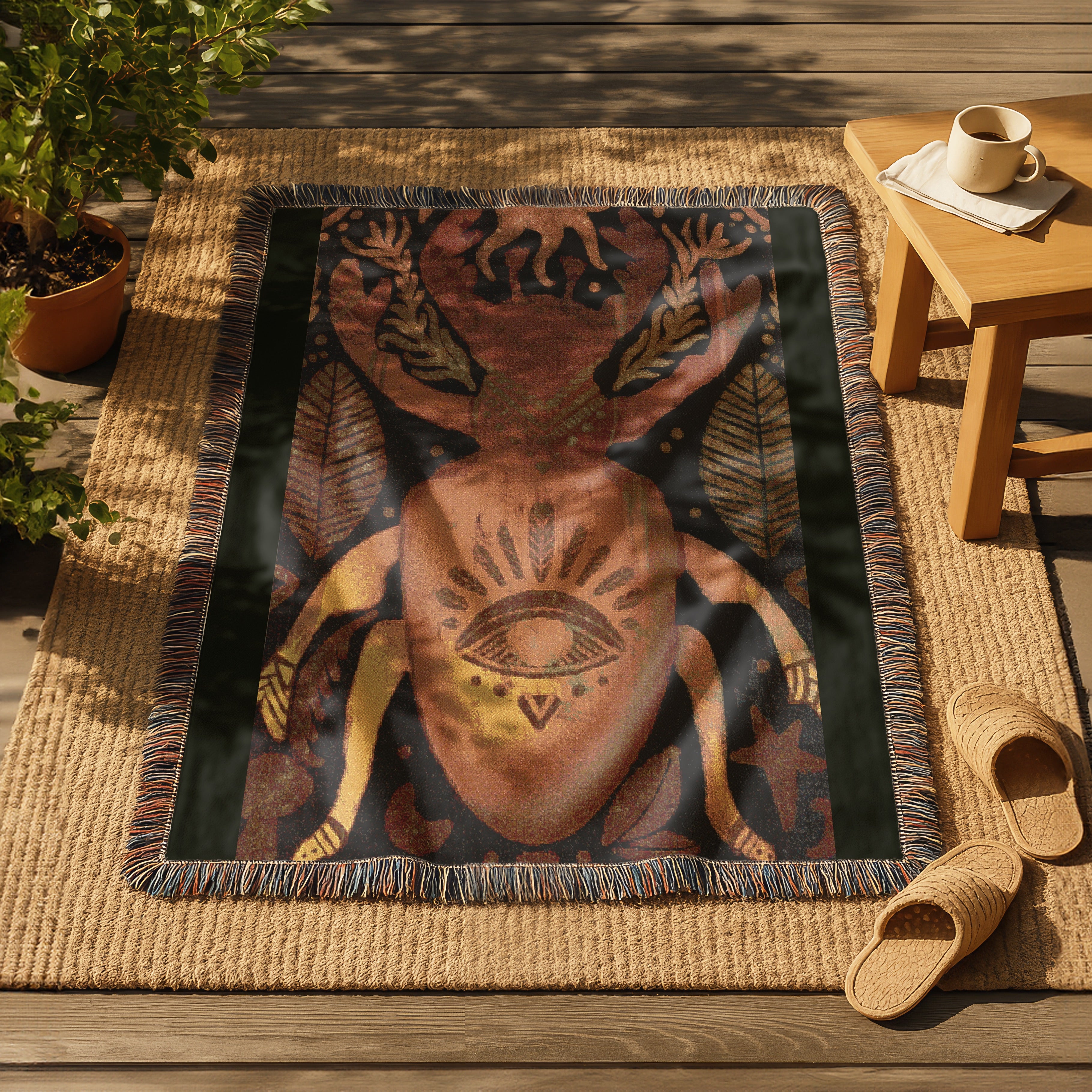 Boho Nature Woven Blanket, Stag Beetle Wall Tapestry, Sacred Insect Art Throw | Keeper of the Eye
