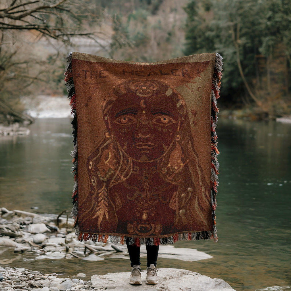 Mother Earth Sacred Feminine ArtWoven Blanket  Mystical Wall Tapestry, The Healer Throw, Spiritual Home Decor, Tribal Visionary Textile