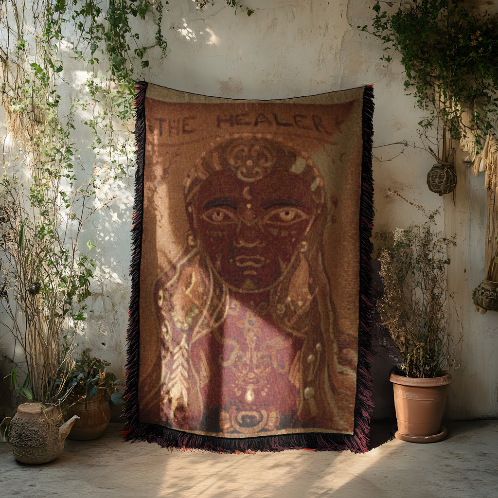 Mother Earth Sacred Feminine ArtWoven Blanket  Mystical Wall Tapestry, The Healer Throw, Spiritual Home Decor, Tribal Visionary Textile