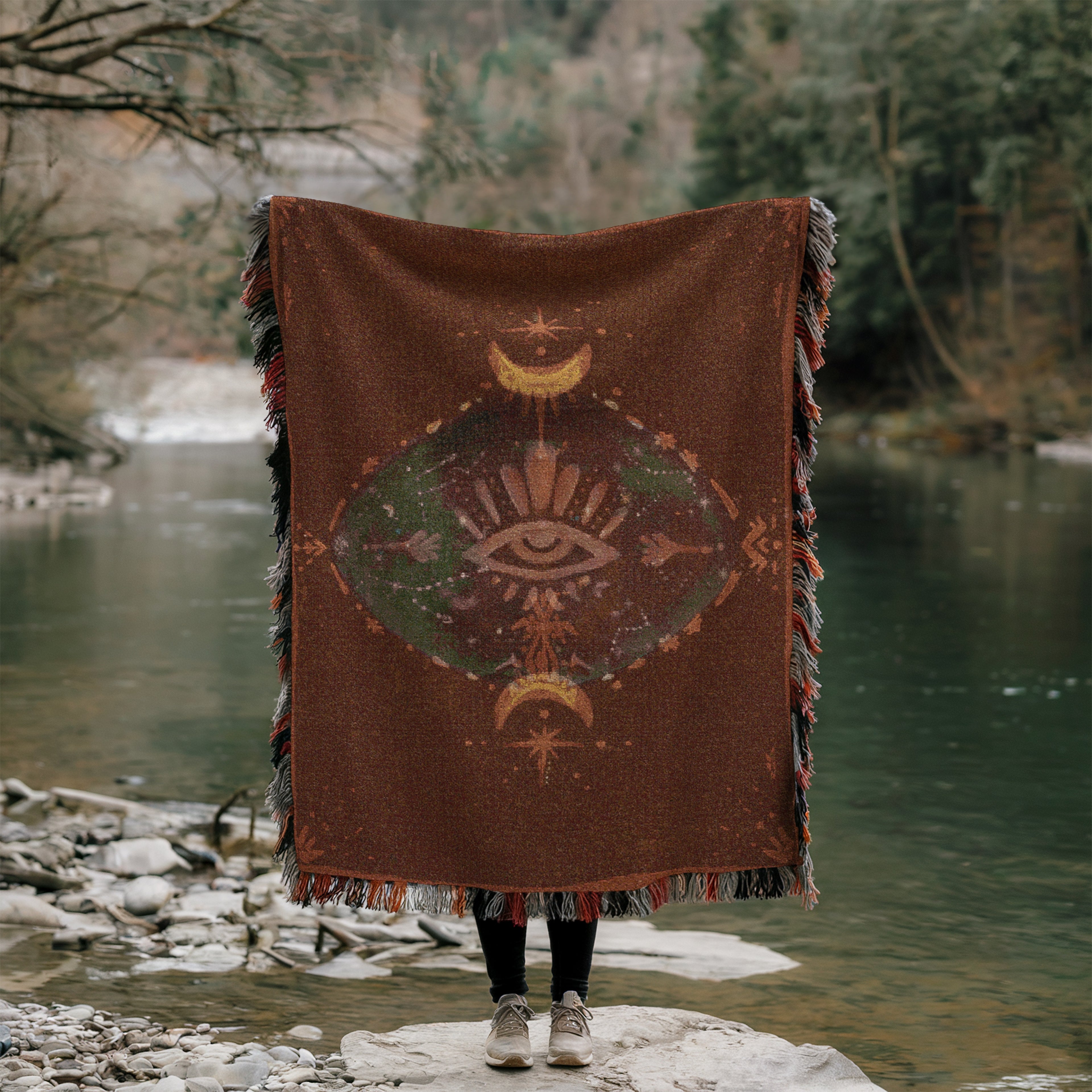 Third Eye Woven Blanket Mystical Eye & Moon Tapestry for Sacred Spaces | Boho Spiritual Decor | Intuitive Textile Altar | Tribe of Anouk