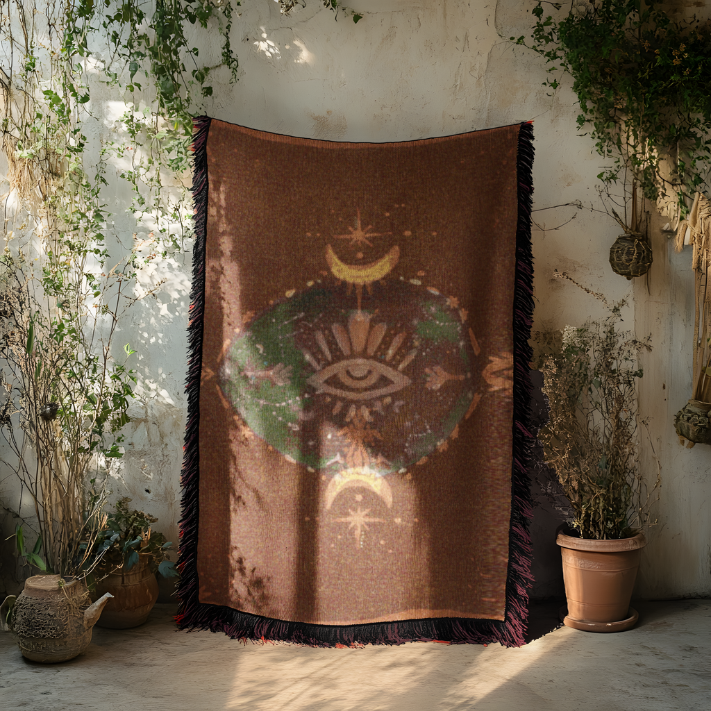 Third Eye Woven Blanket Mystical Eye & Moon Tapestry for Sacred Spaces | Boho Spiritual Decor | Intuitive Textile Altar | Tribe of Anouk